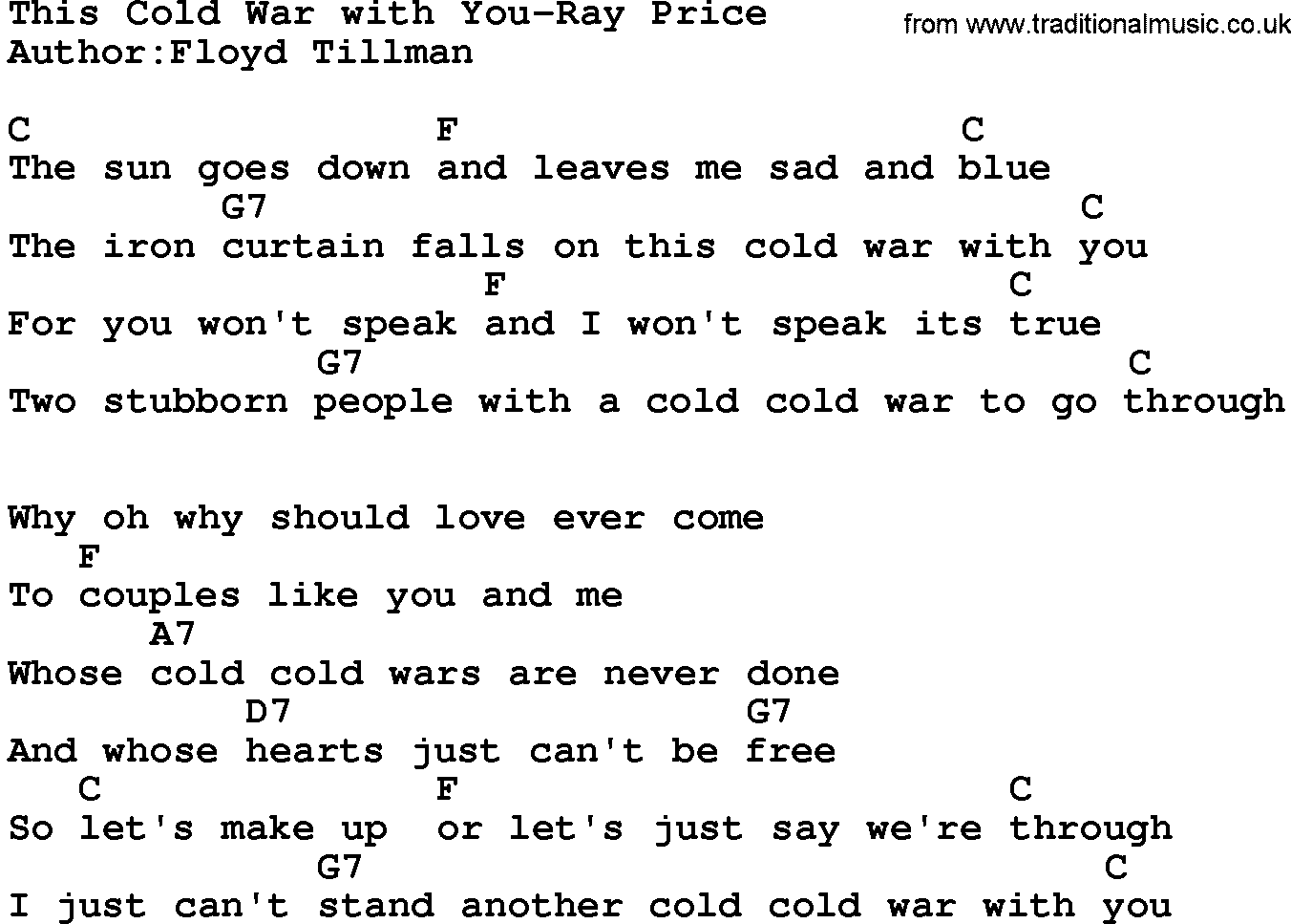 Country music song: This Cold War With You-Ray Price lyrics and chords