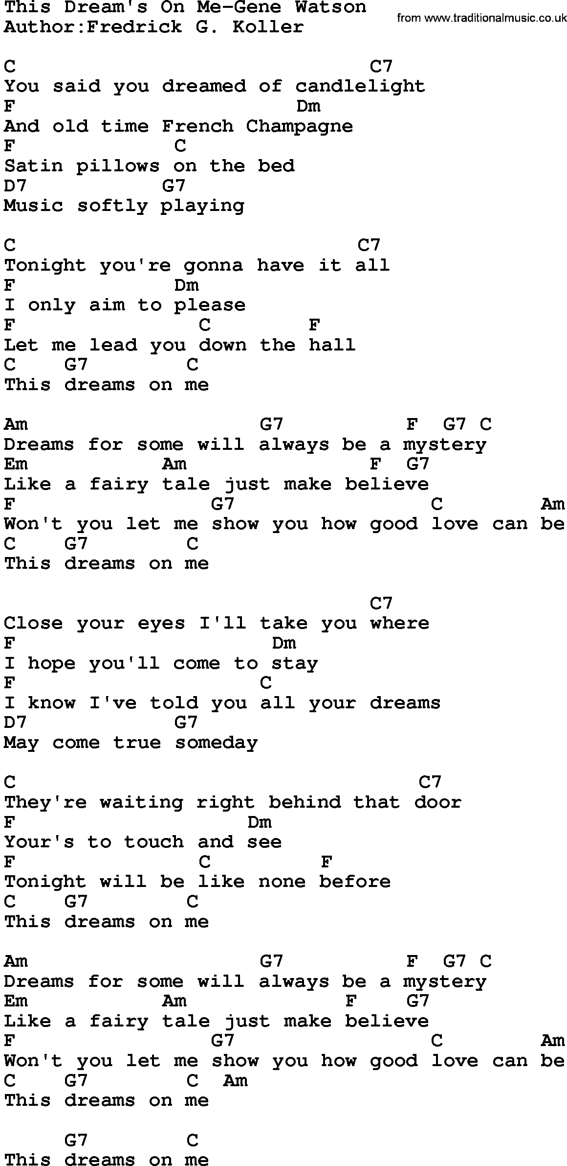 Country music song: This Dream's On Me-Gene Watson lyrics and chords