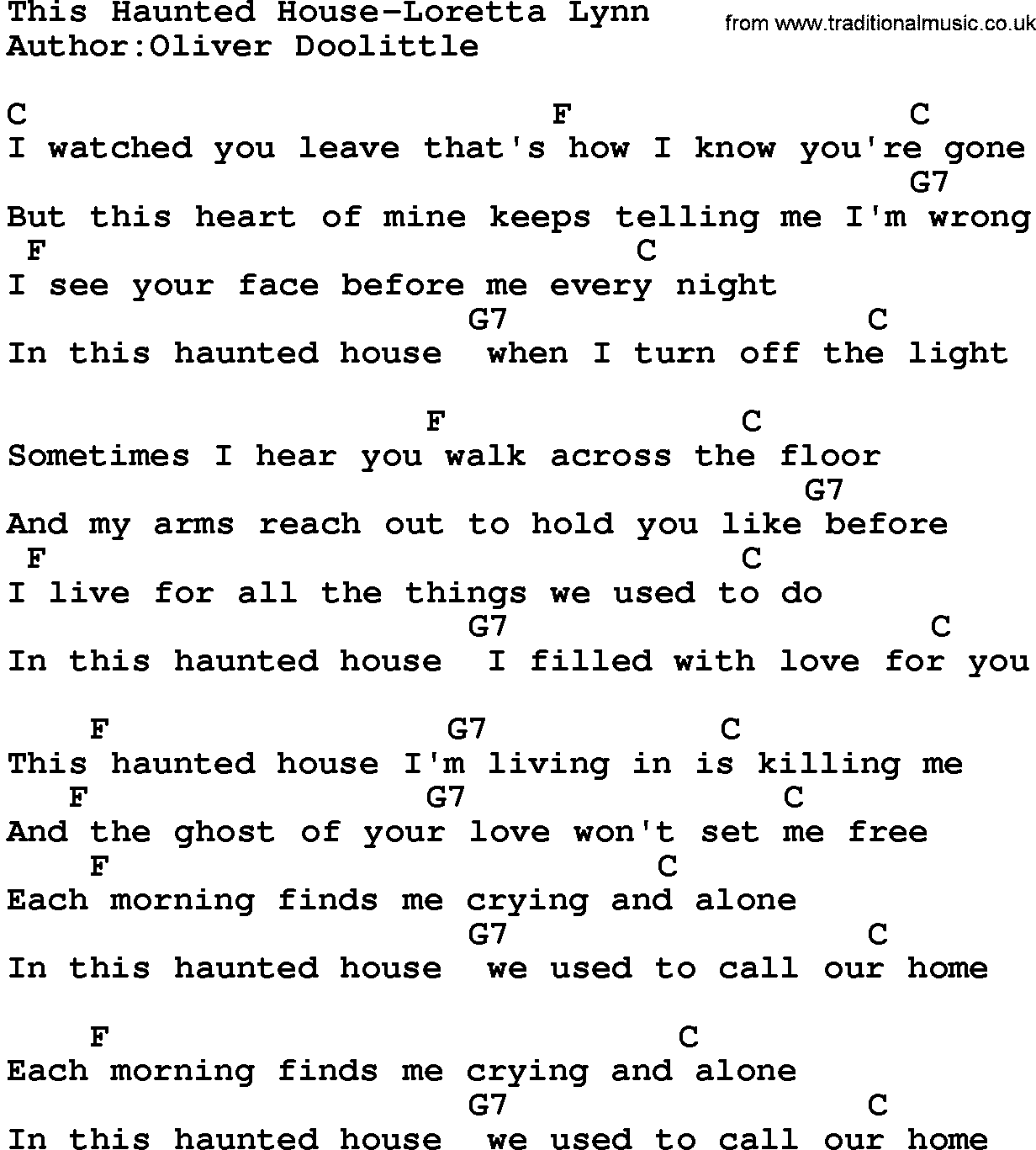 Country music song: This Haunted House-Loretta Lynn lyrics and chords