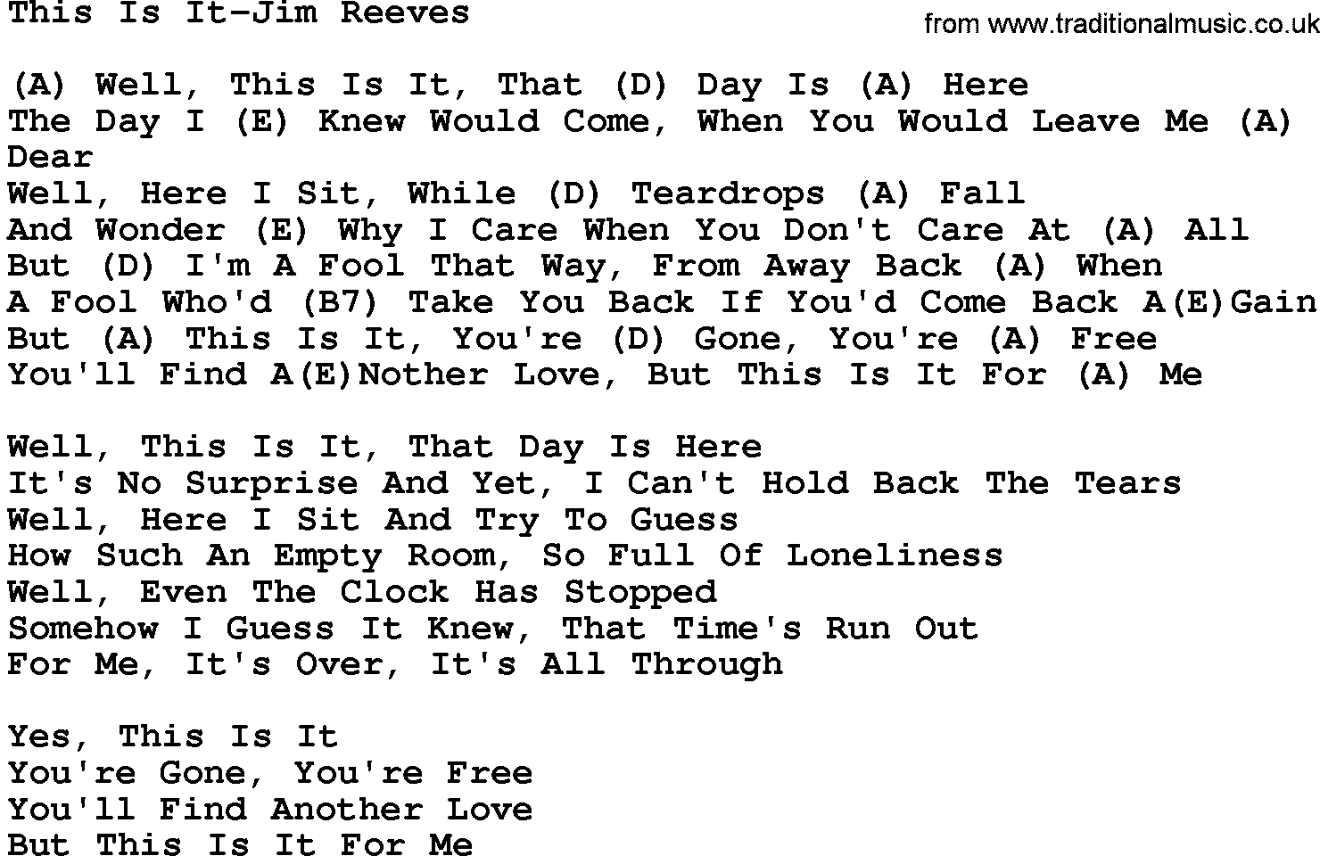 Country music song: This Is It-Jim Reeves lyrics and chords