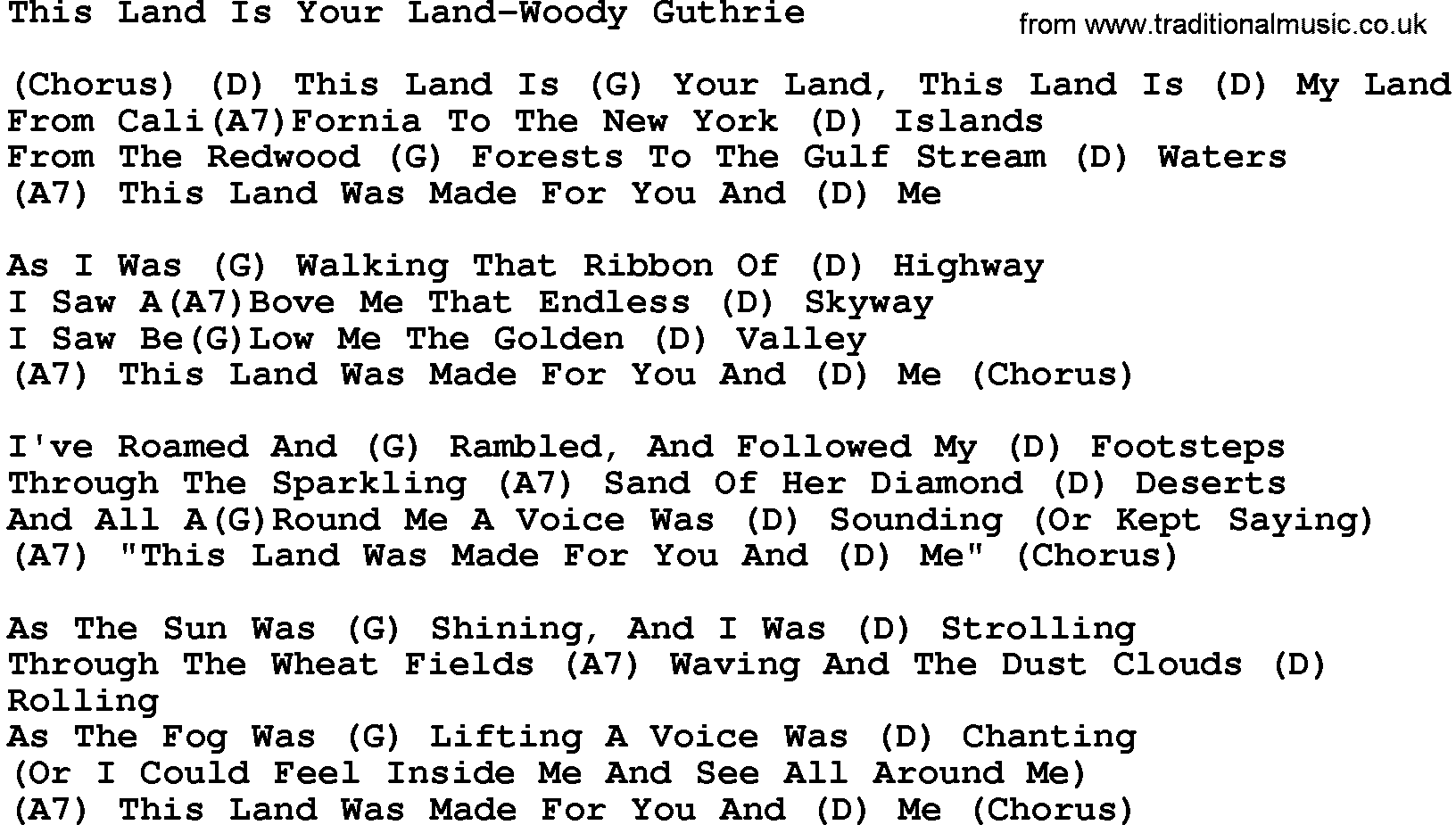 Country music song: This Land Is Your Land-Woody Guthrie lyrics and chords