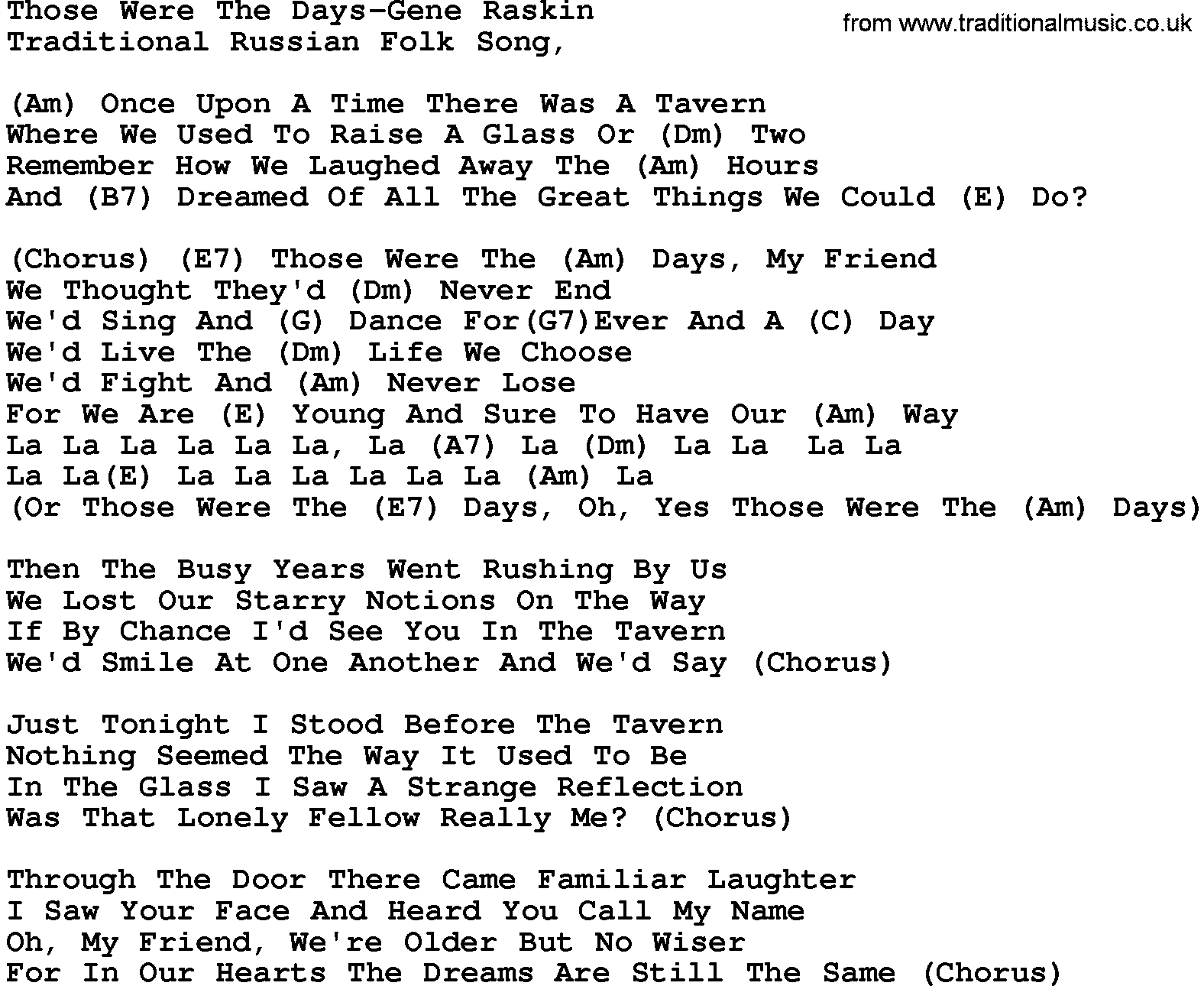 Country music song: Those Were The Days-Gene Raskin lyrics and chords