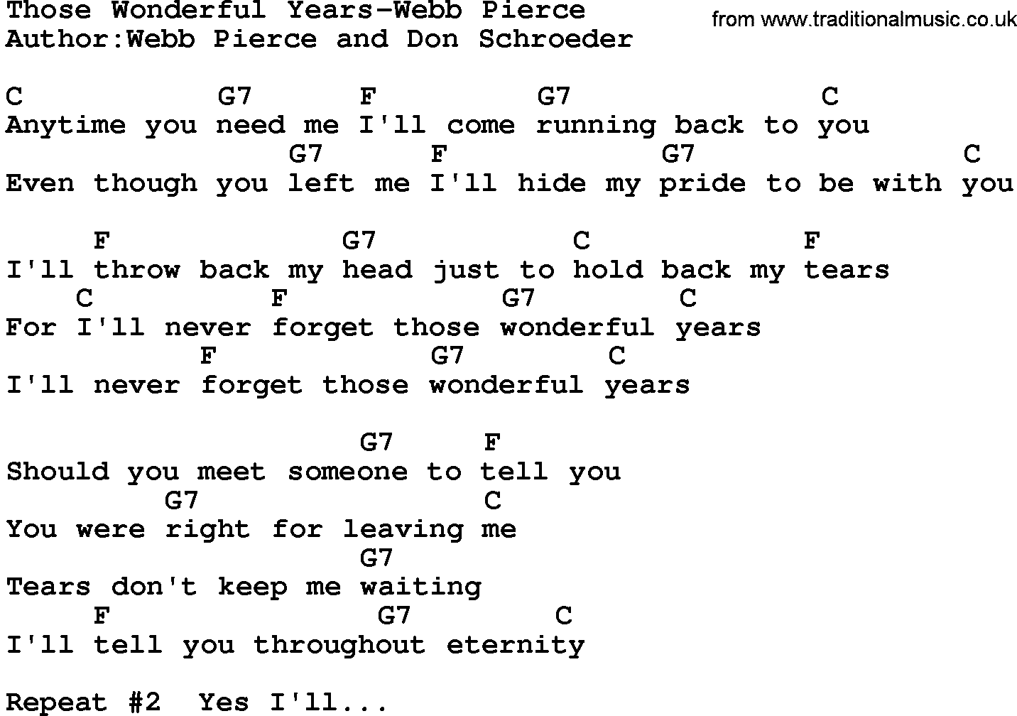 Country music song: Those Wonderful Years-Webb Pierce lyrics and chords