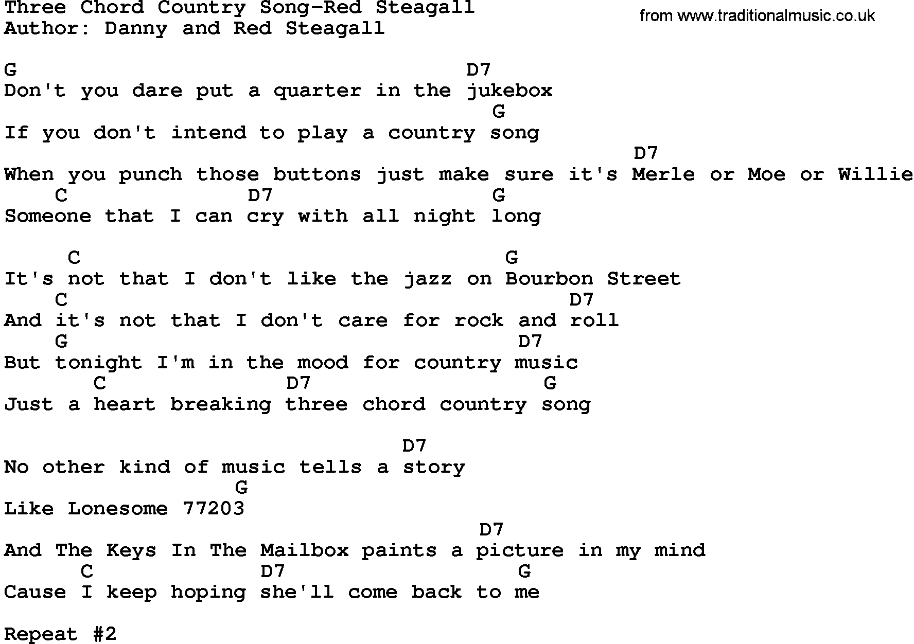 Country music song: Three Chord Country Song-Red Steagall lyrics and chords