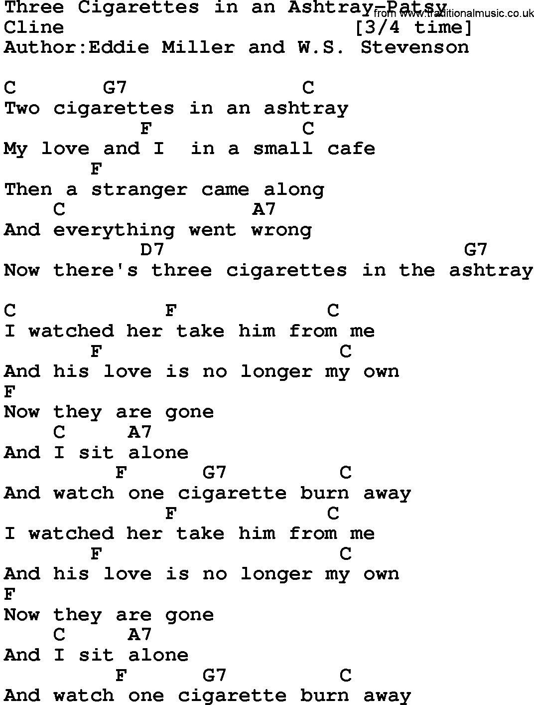 Country music song: Three Cigarettes In An Ashtray-Patsy lyrics and chords