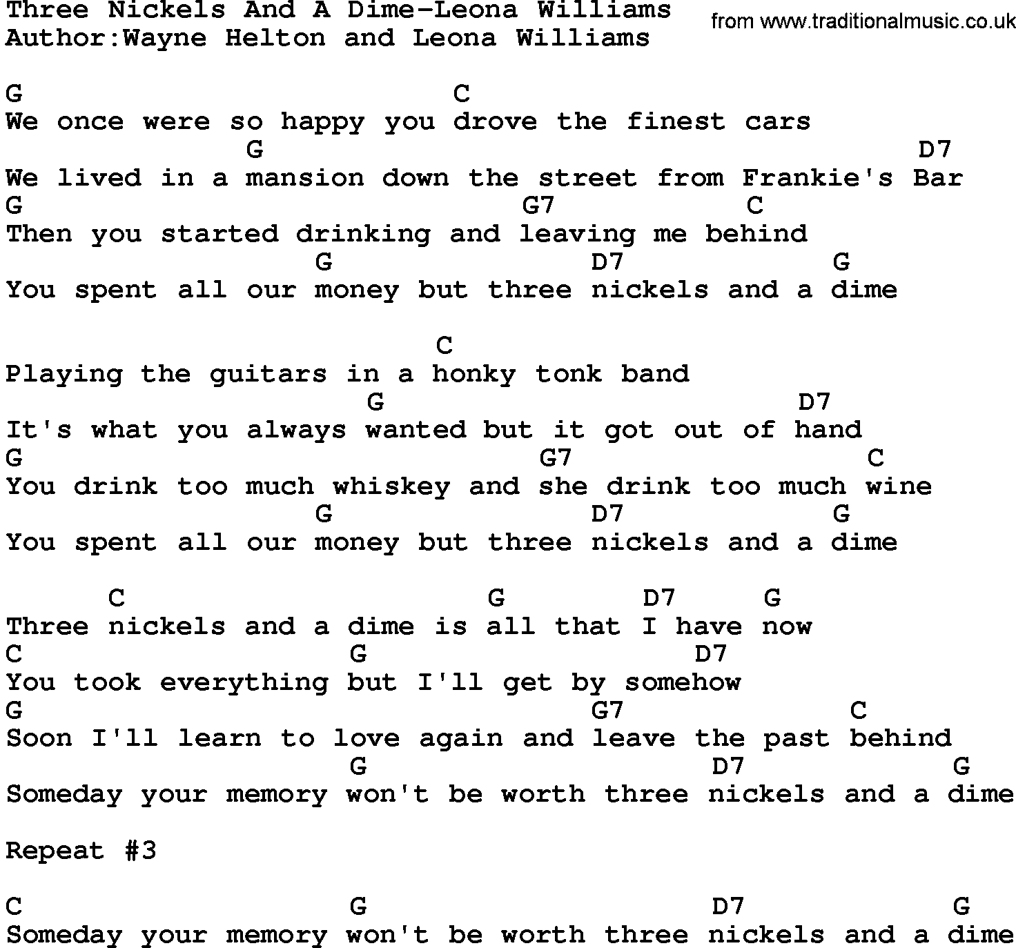 Country music song: Three Nickels And A Dime-Leona Williams lyrics and chords