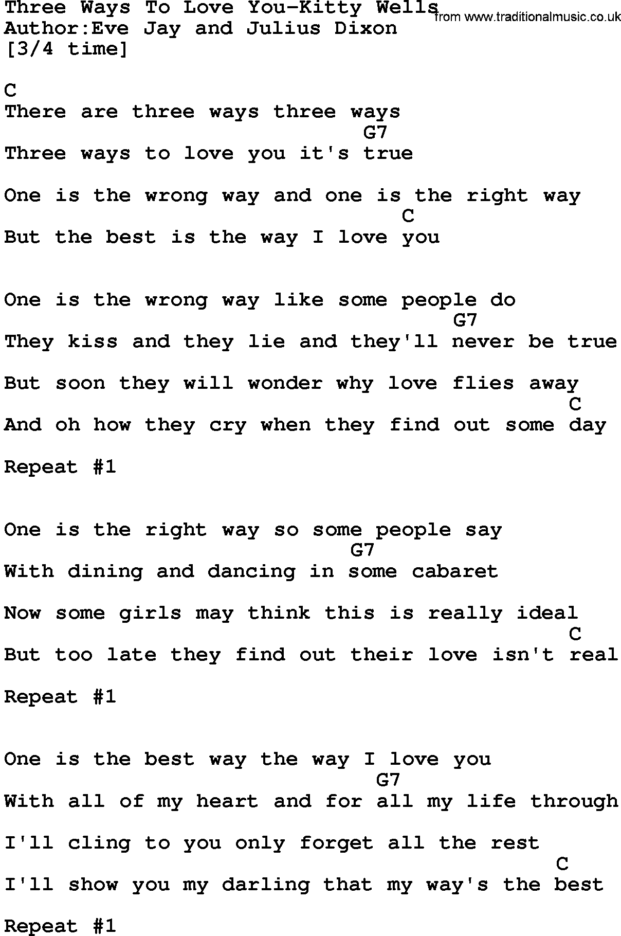 Country music song: Three Ways To Love You-Kitty Wells lyrics and chords