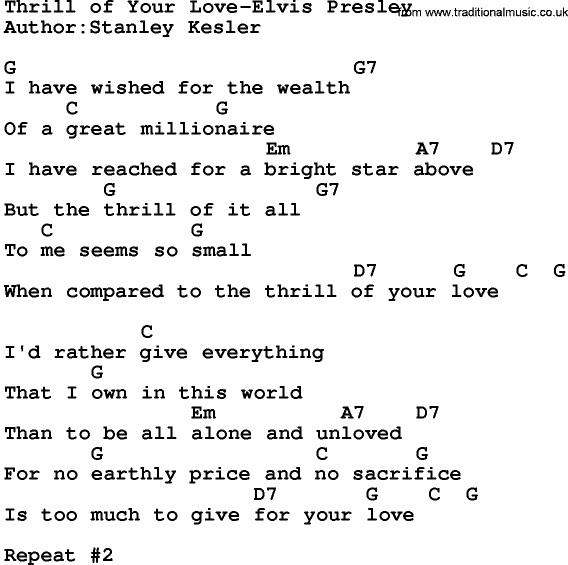 Country music song: Thrill Of Your Love-Elvis Presley lyrics and chords