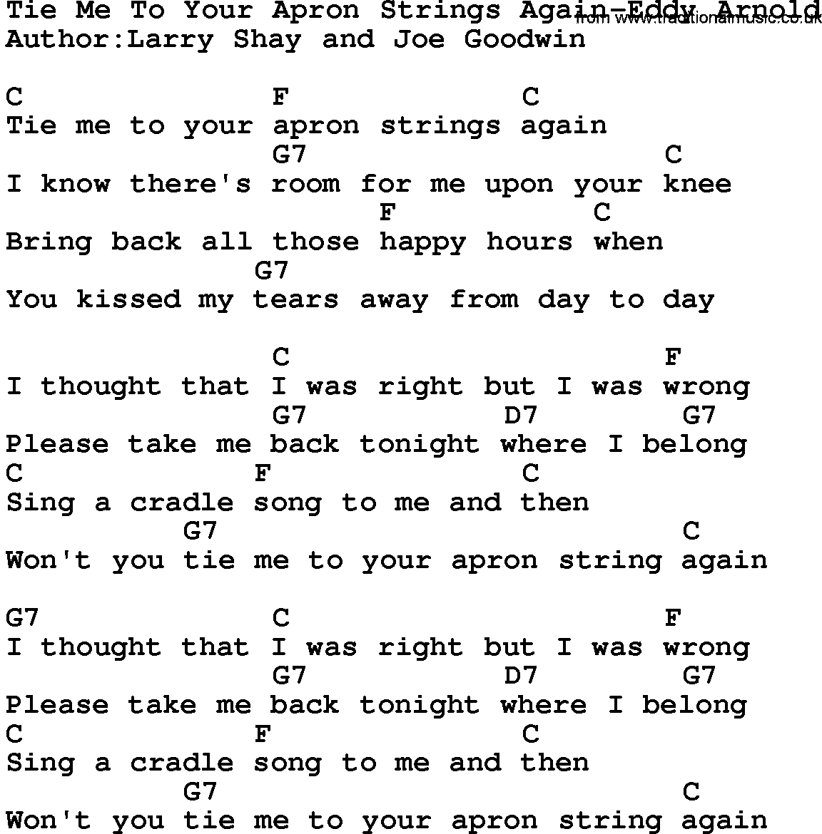 Country music song: Tie Me To Your Apron Strings Again-Eddy Arnold lyrics and chords