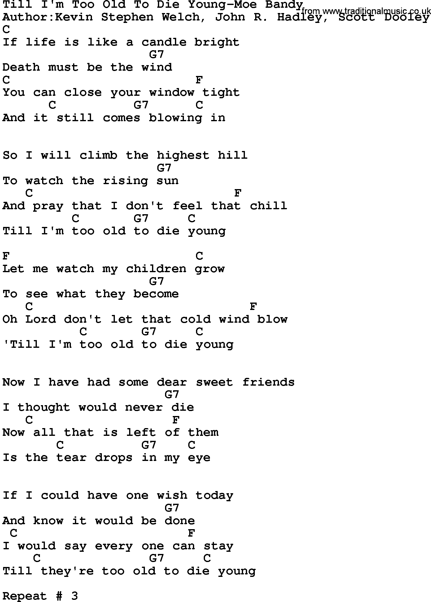 Country music song: Till I'm Too Old To Die Young-Moe Bandy lyrics and chords