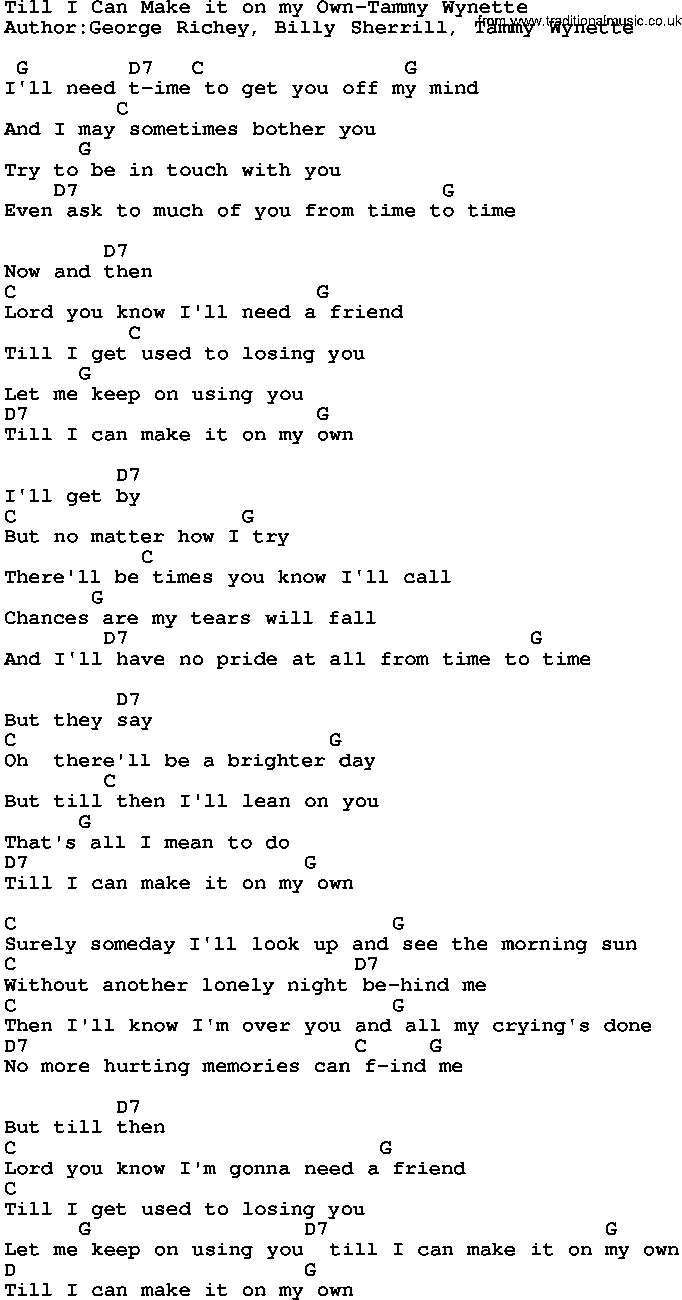 Country music song: Till I Can Make It On My Own-Tammy Wynette lyrics and chords