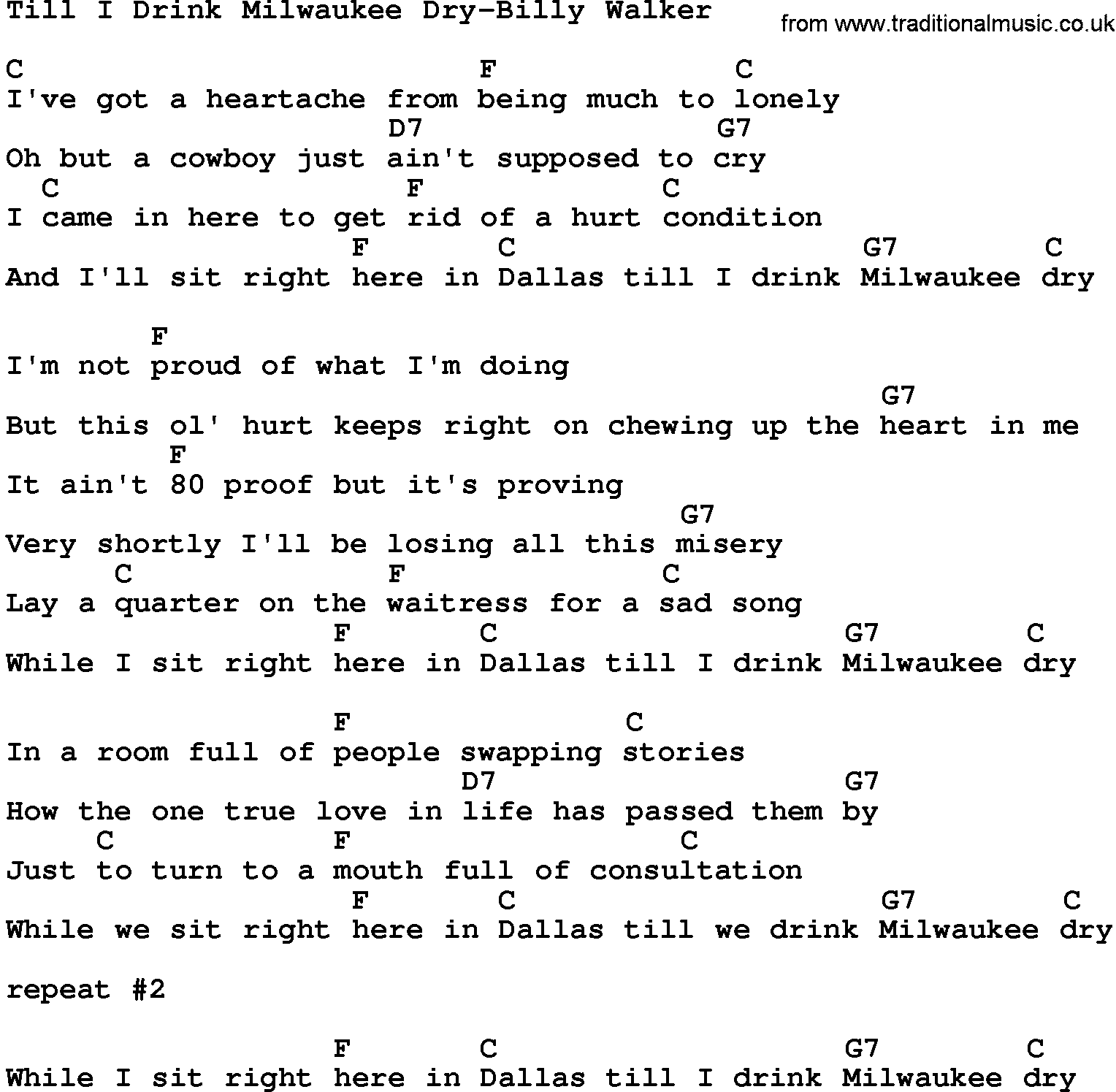 Country music song: Till I Drink Milwaukee Dry-Billy Walker lyrics and chords