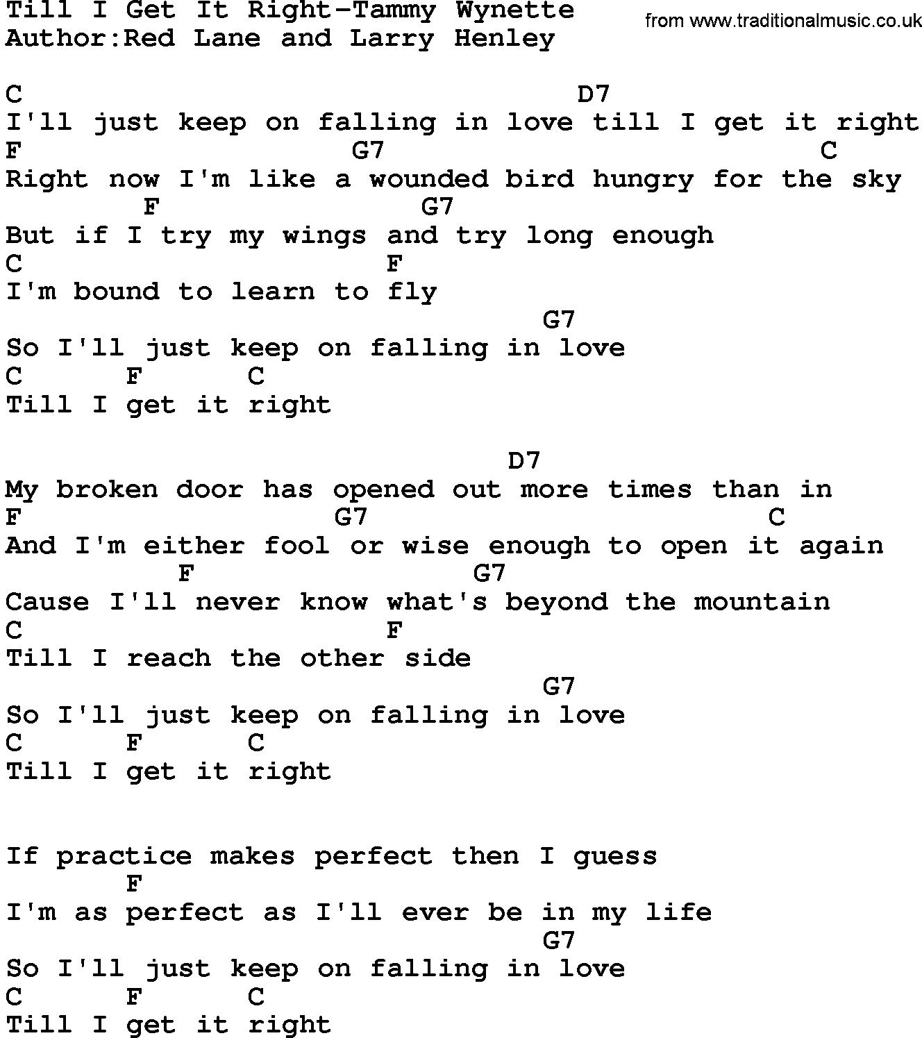 Country music song: Till I Get It Right-Tammy Wynette lyrics and chords