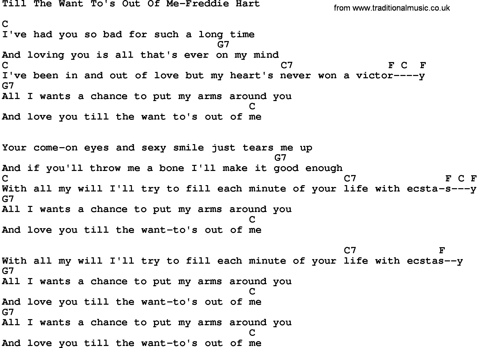 Country music song: Till The Want To's Out Of Me-Freddie Hart lyrics and chords