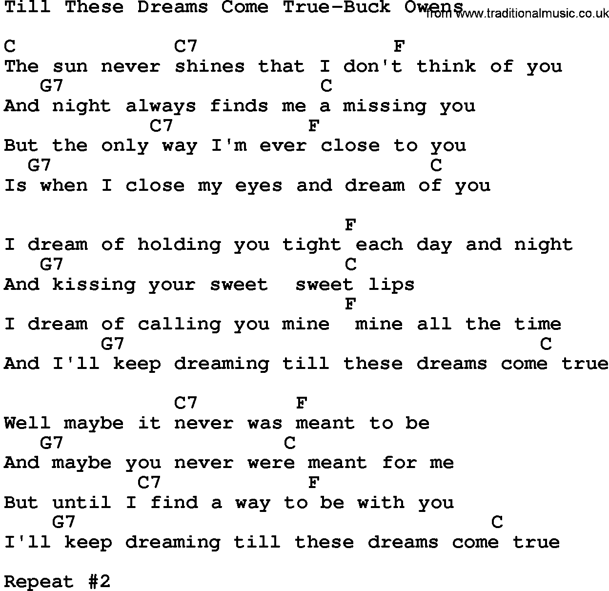 Country music song: Till These Dreams Come True-Buck Owens lyrics and chords