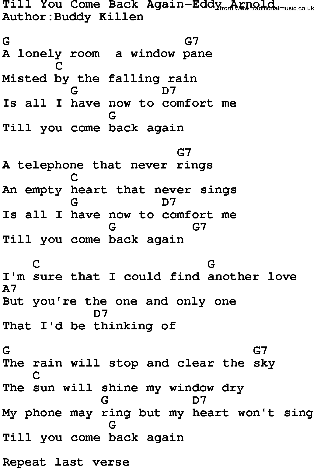 Country music song: Till You Come Back Again-Eddy Arnold lyrics and chords