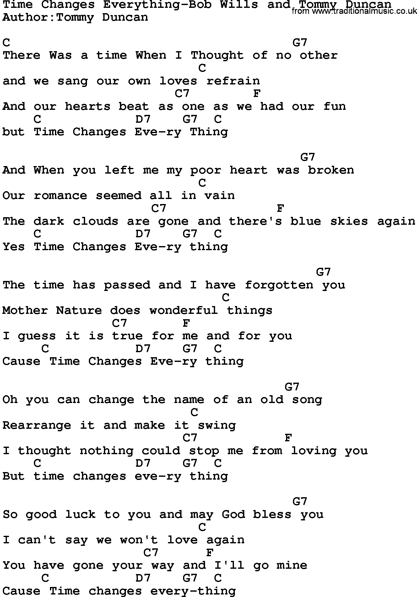 Country music song: Time Changes Everything-Bob Wills And Tommy Duncan lyrics and chords