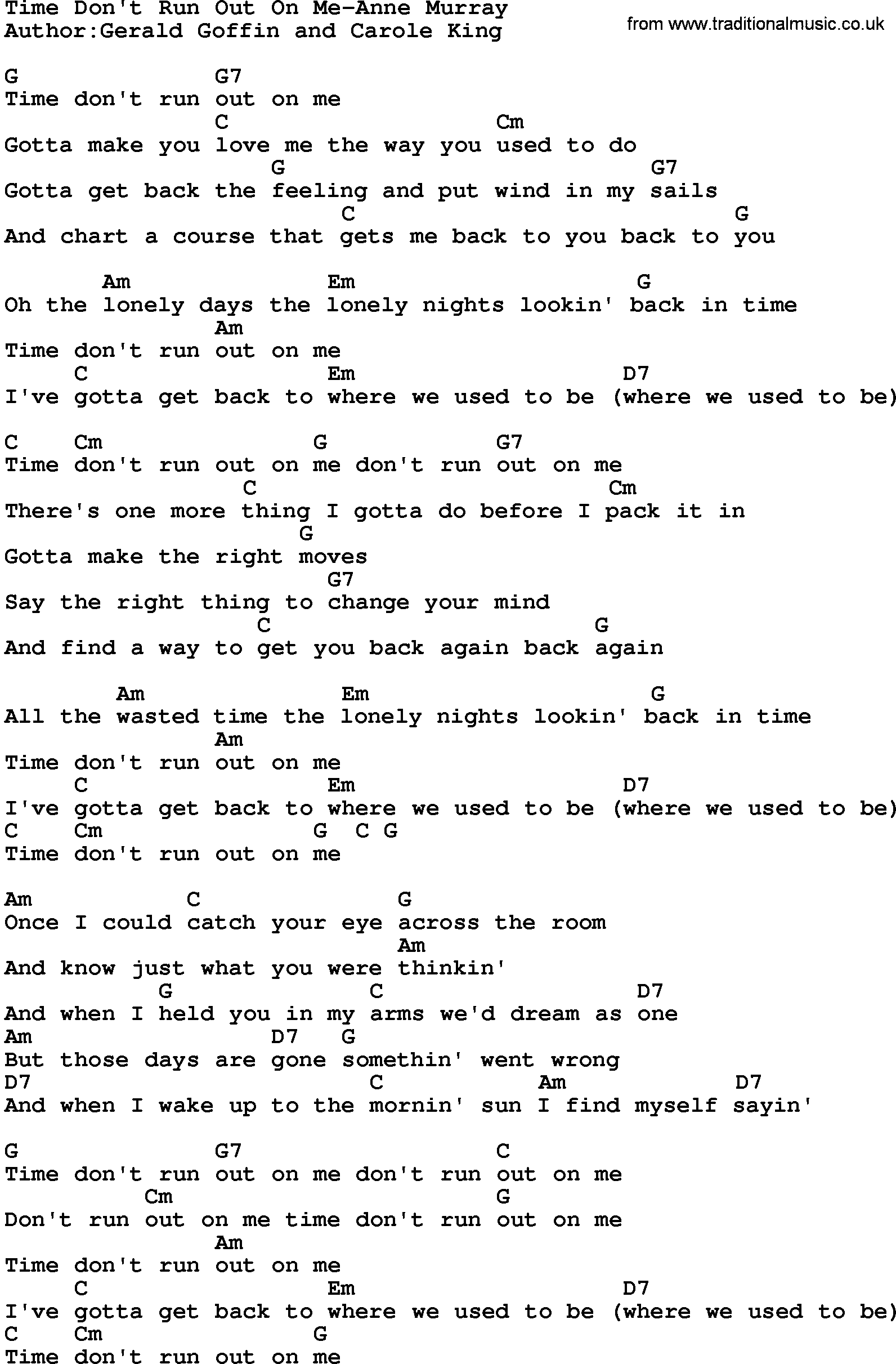 Country music song: Time Don't Run Out On Me-Anne Murray lyrics and chords