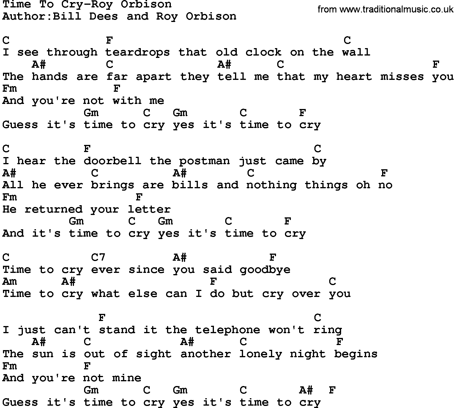 Country music song: Time To Cry-Roy Orbison lyrics and chords