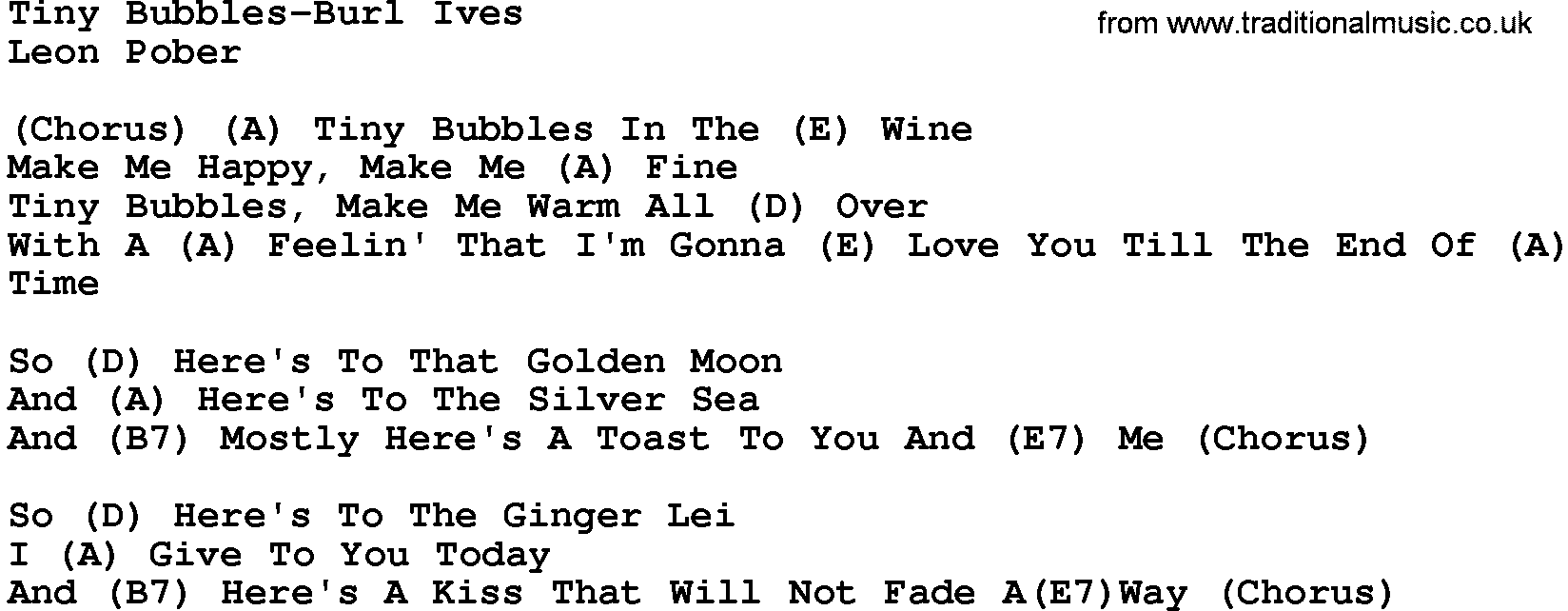 Country music song: Tiny Bubbles-Burl Ives lyrics and chords