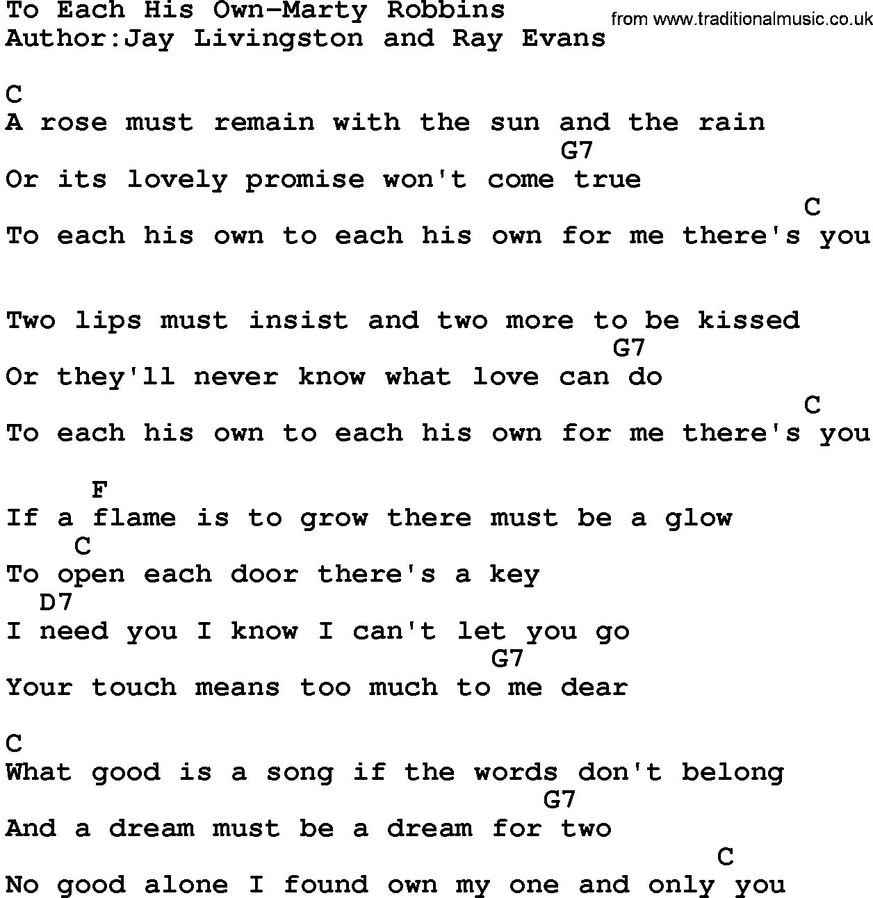Country music song: To Each His Own-Marty Robbins lyrics and chords