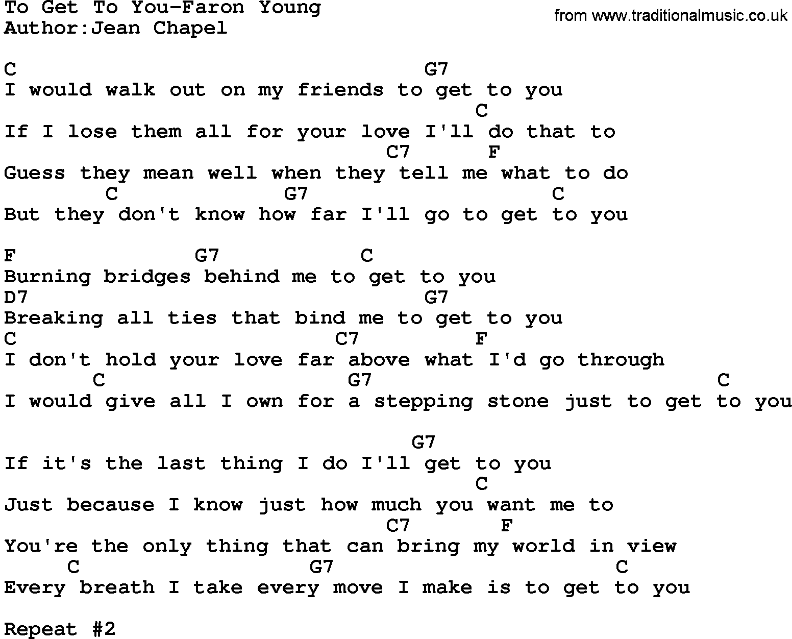 Country music song: To Get To You-Faron Young  lyrics and chords