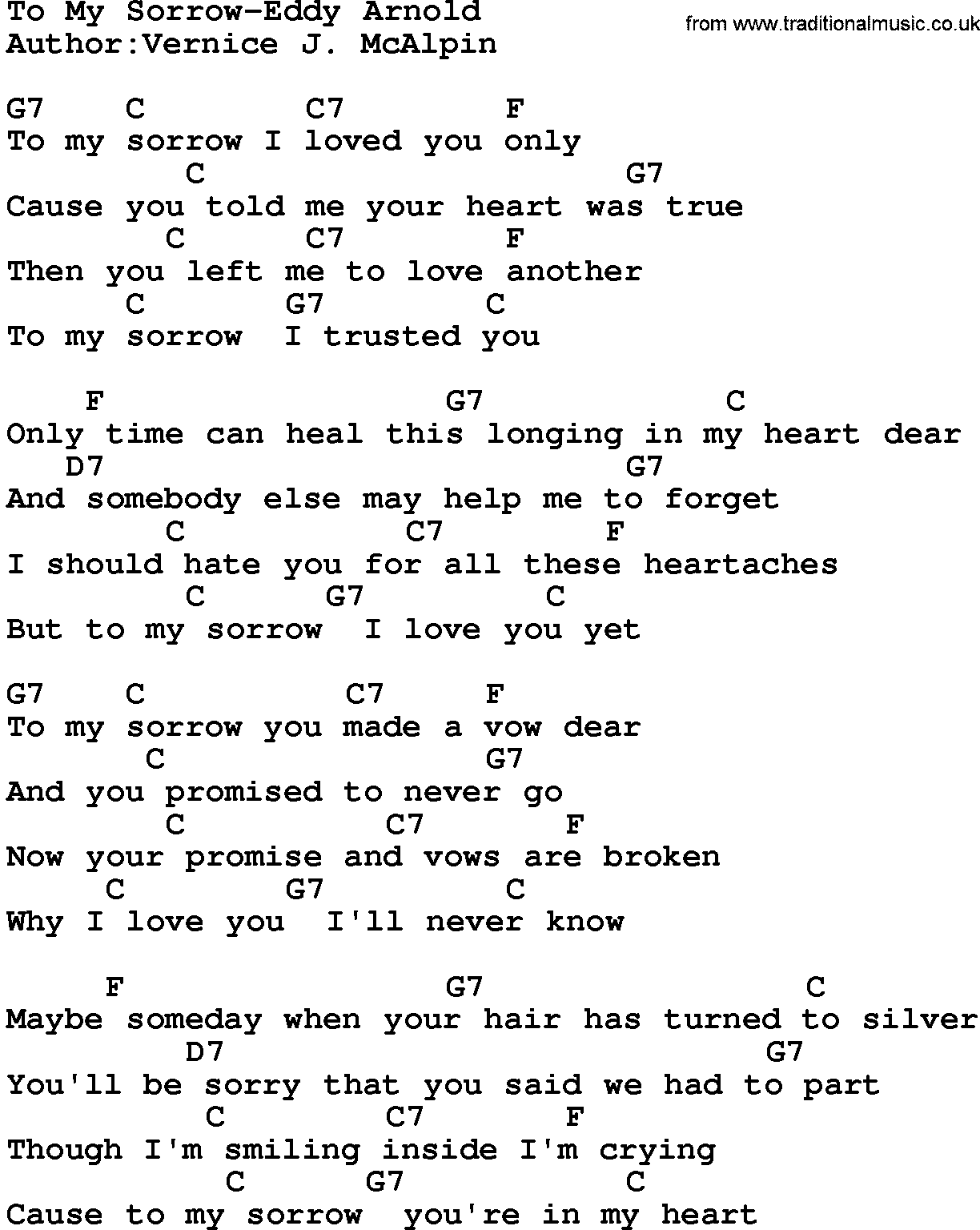 Country music song: To My Sorrow-Eddy Arnold lyrics and chords