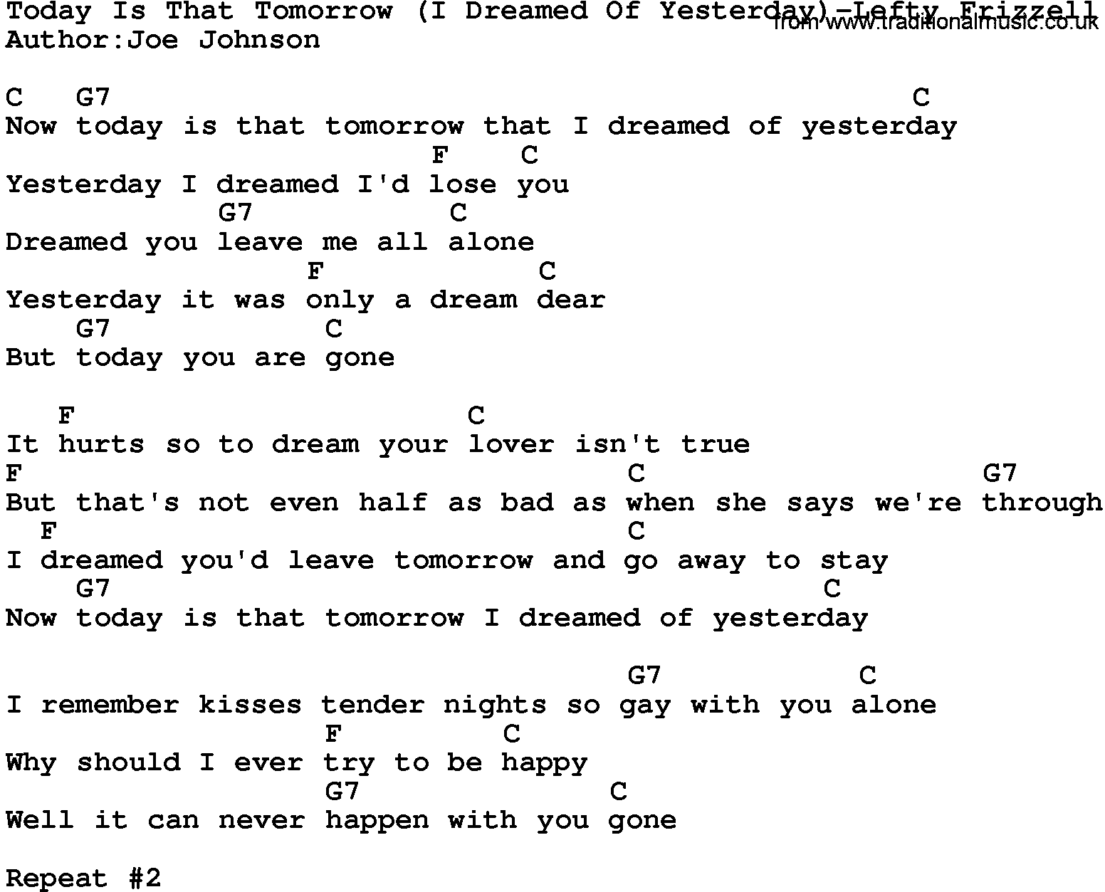 Country music song: Today Is That Tomorrow(I Dreamed Of Yesterday)-Lefty Frizzell lyrics and chords