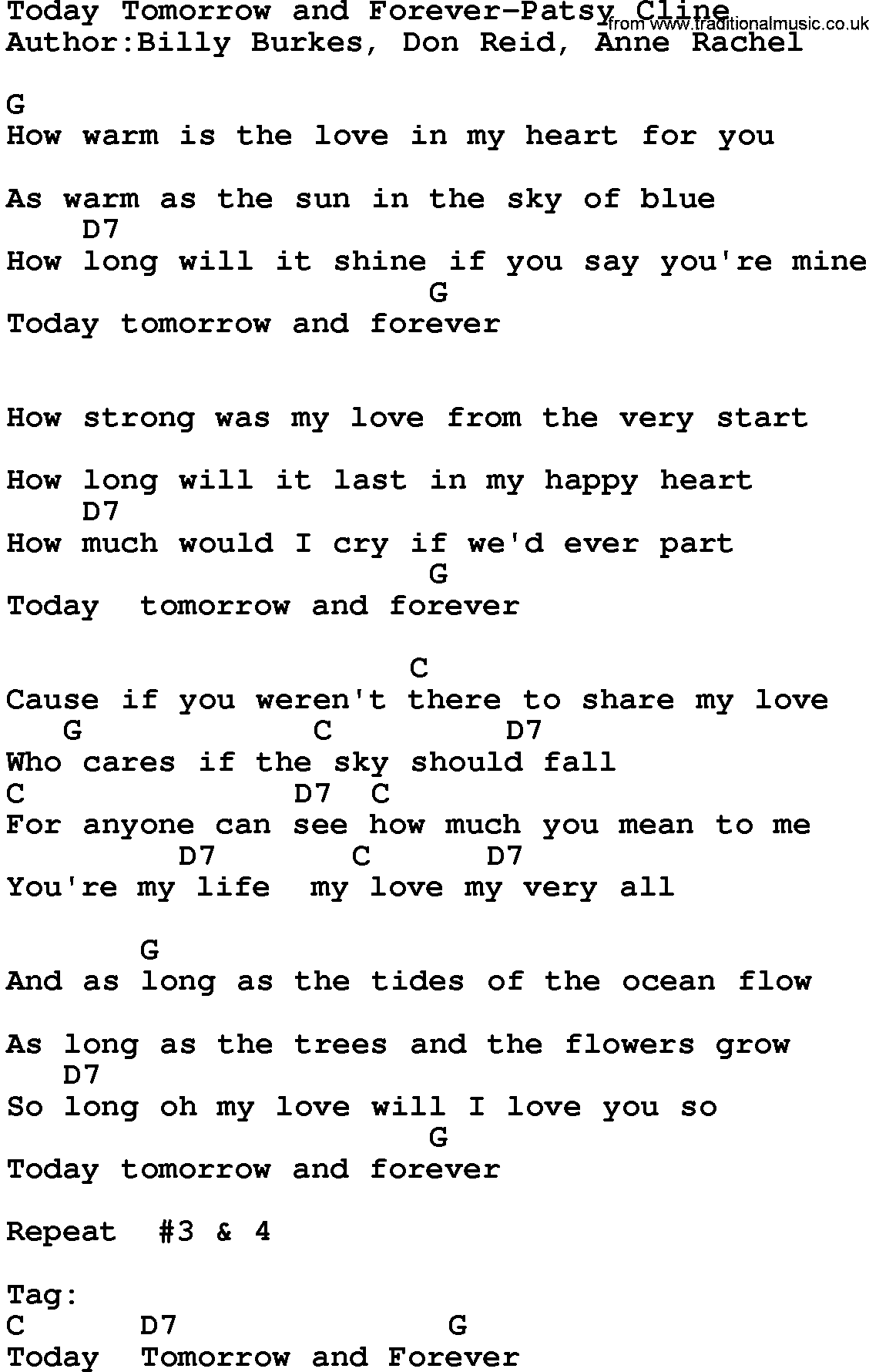 Country music song: Today Tomorrow And Forever-Patsy Cline lyrics and chords