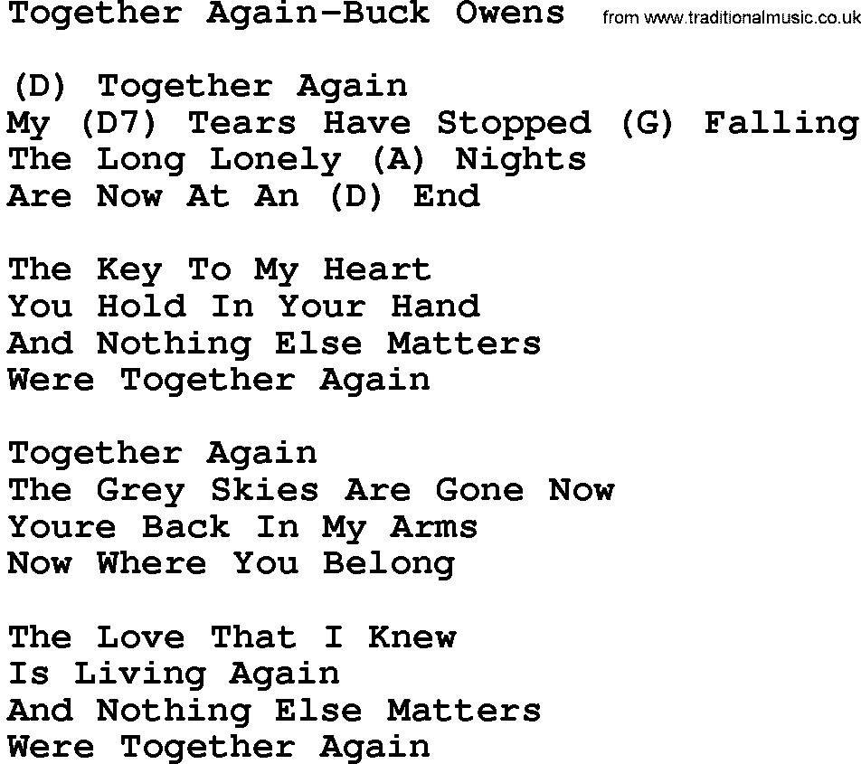 Country music song: Together Again-Buck Owens lyrics and chords