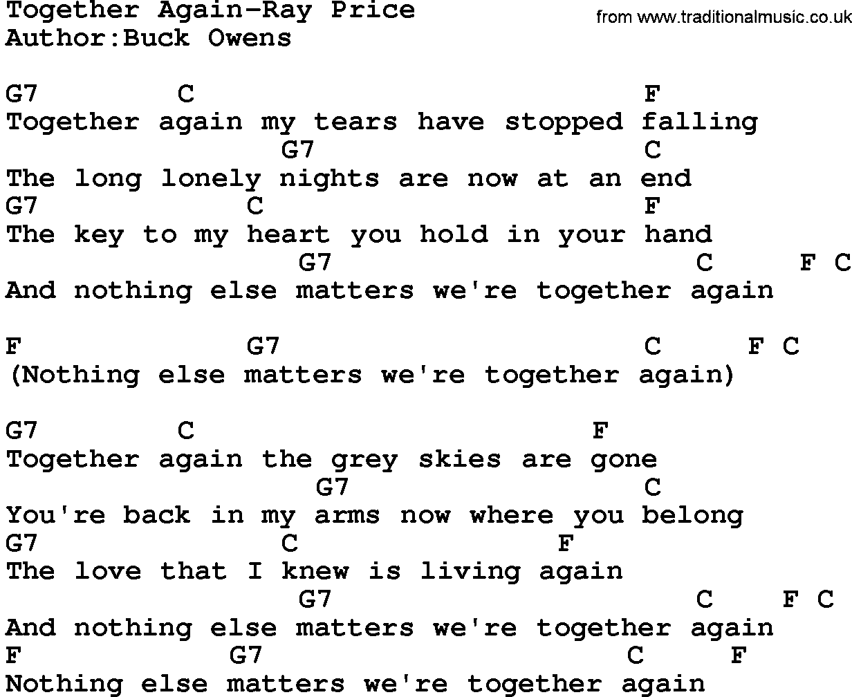 Country music song: Together Again-Ray Price lyrics and chords