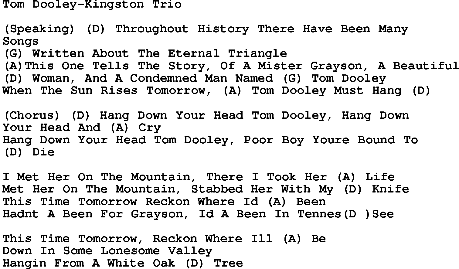 Country music song: Tom Dooley-Kingston Trio lyrics and chords