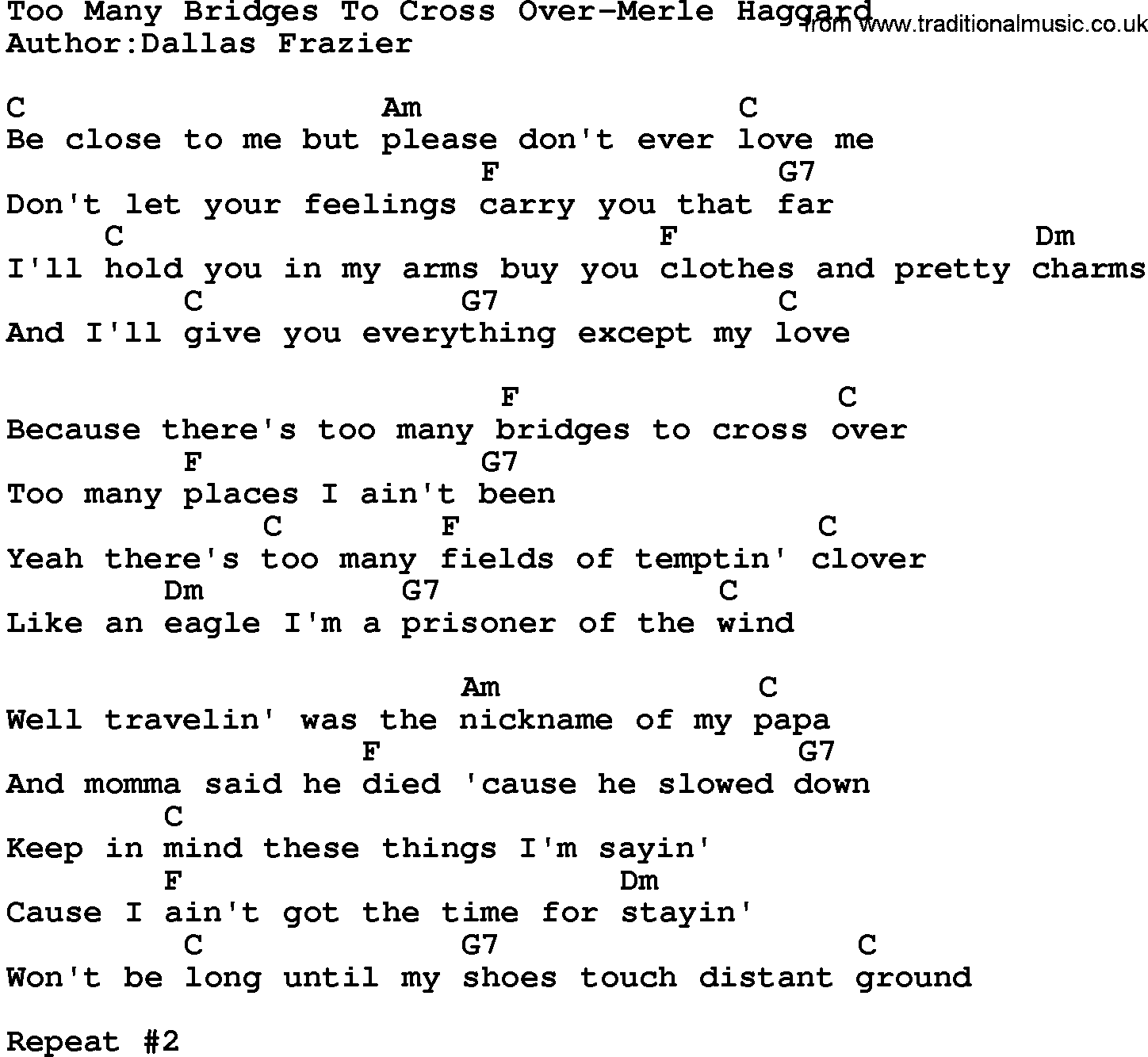 Country music song: Too Many Bridges To Cross Over-Merle Haggard lyrics and chords