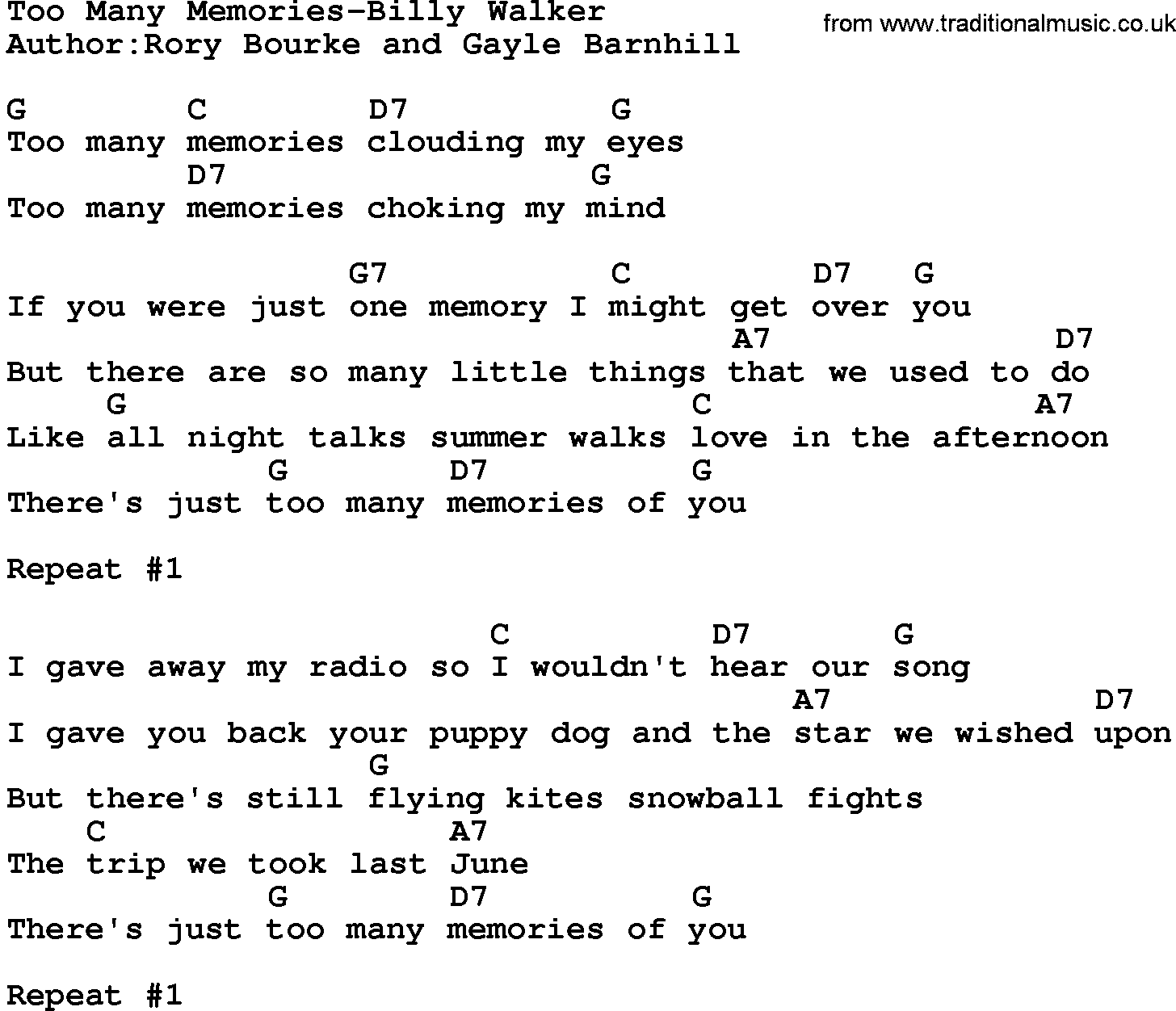 Country music song: Too Many Memories-Billy Walker lyrics and chords