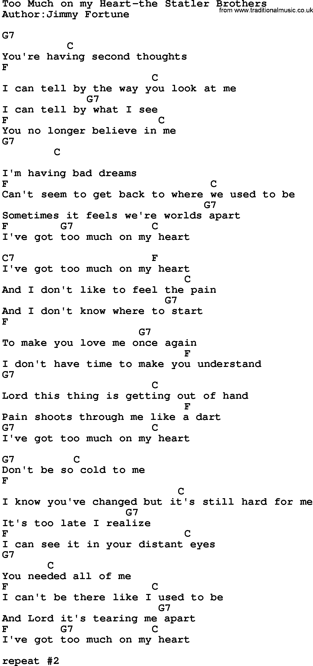 Country music song: Too Much On My Heart-The Statler Brothers lyrics and chords