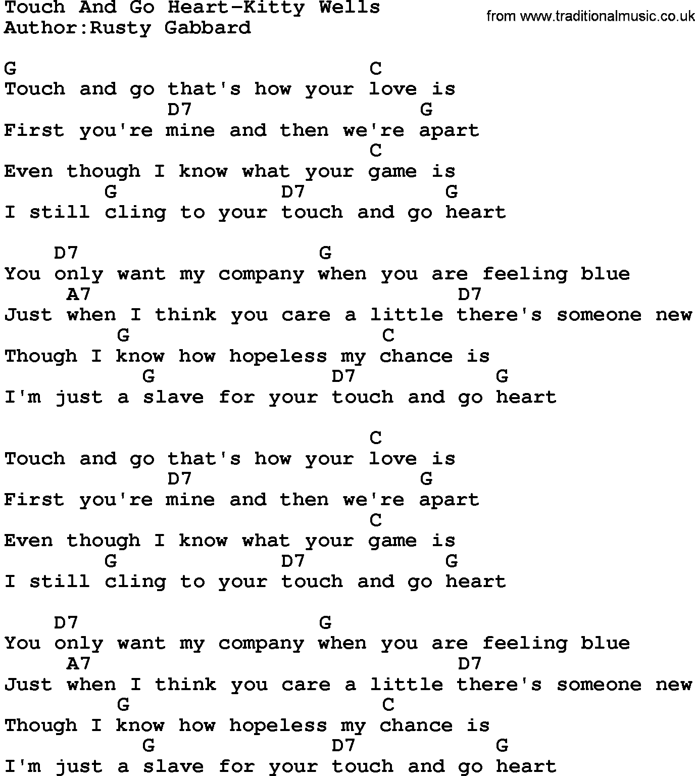 Country music song: Touch And Go Heart-Kitty Wells lyrics and chords