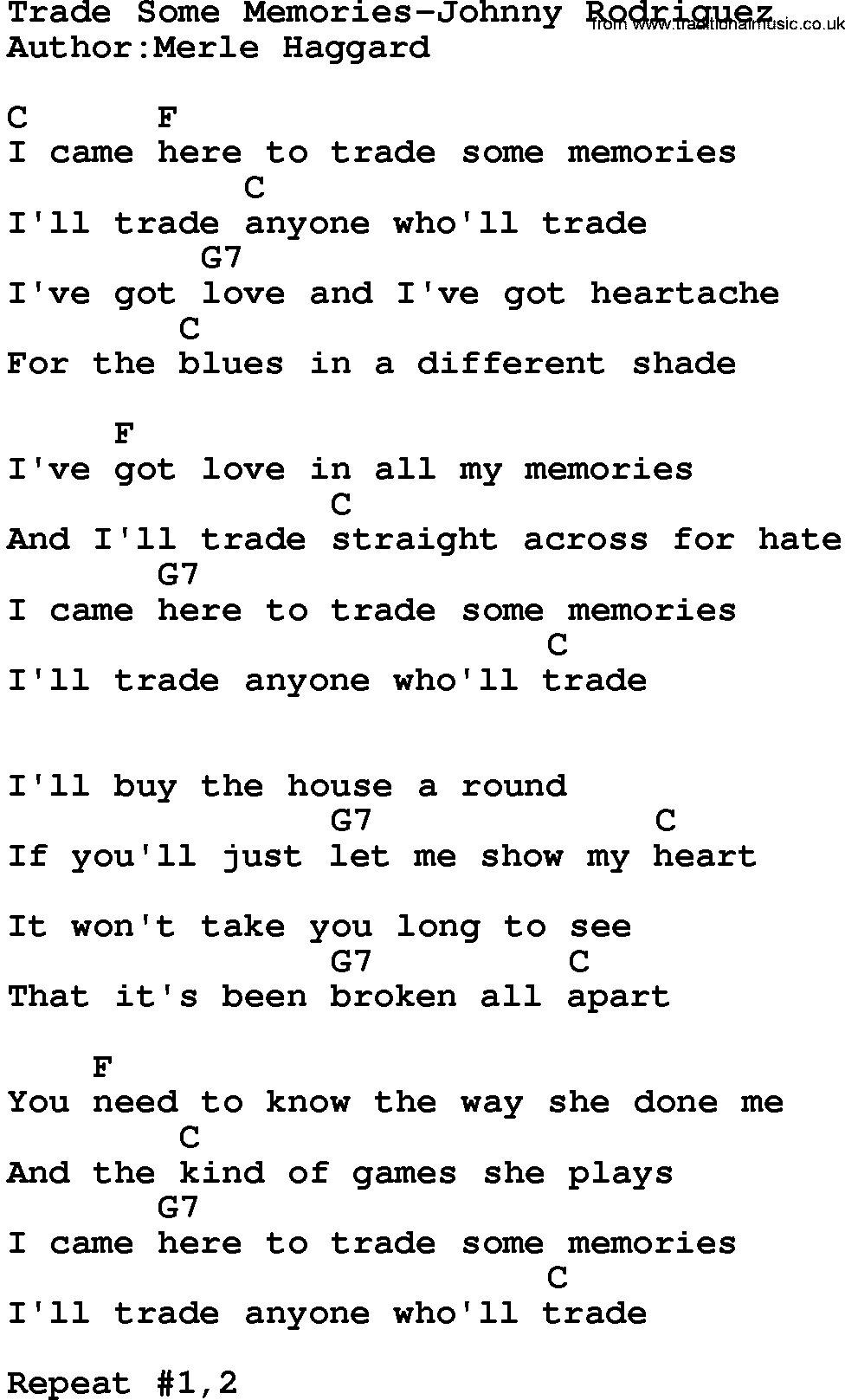 Country music song: Trade Some Memories-Johnny Rodriguez lyrics and chords