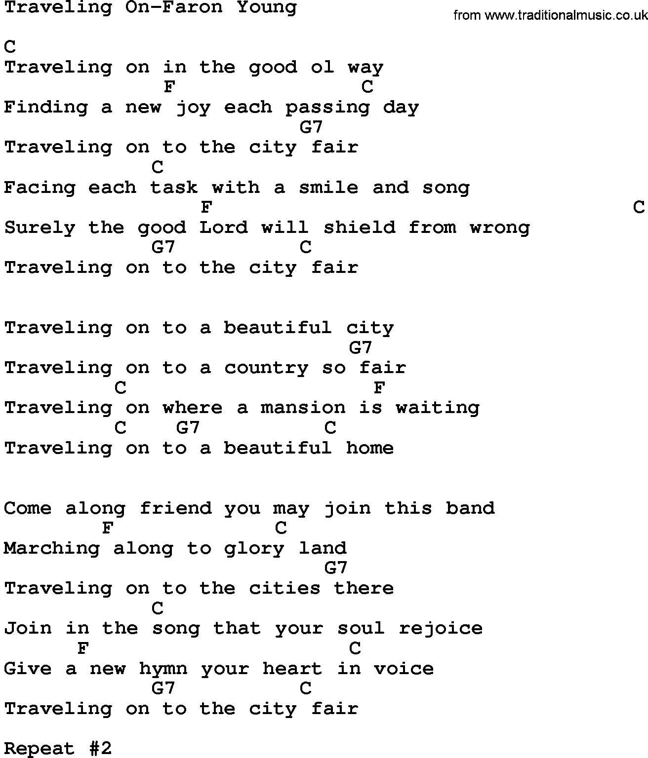 Country music song: Traveling On-Faron Young lyrics and chords