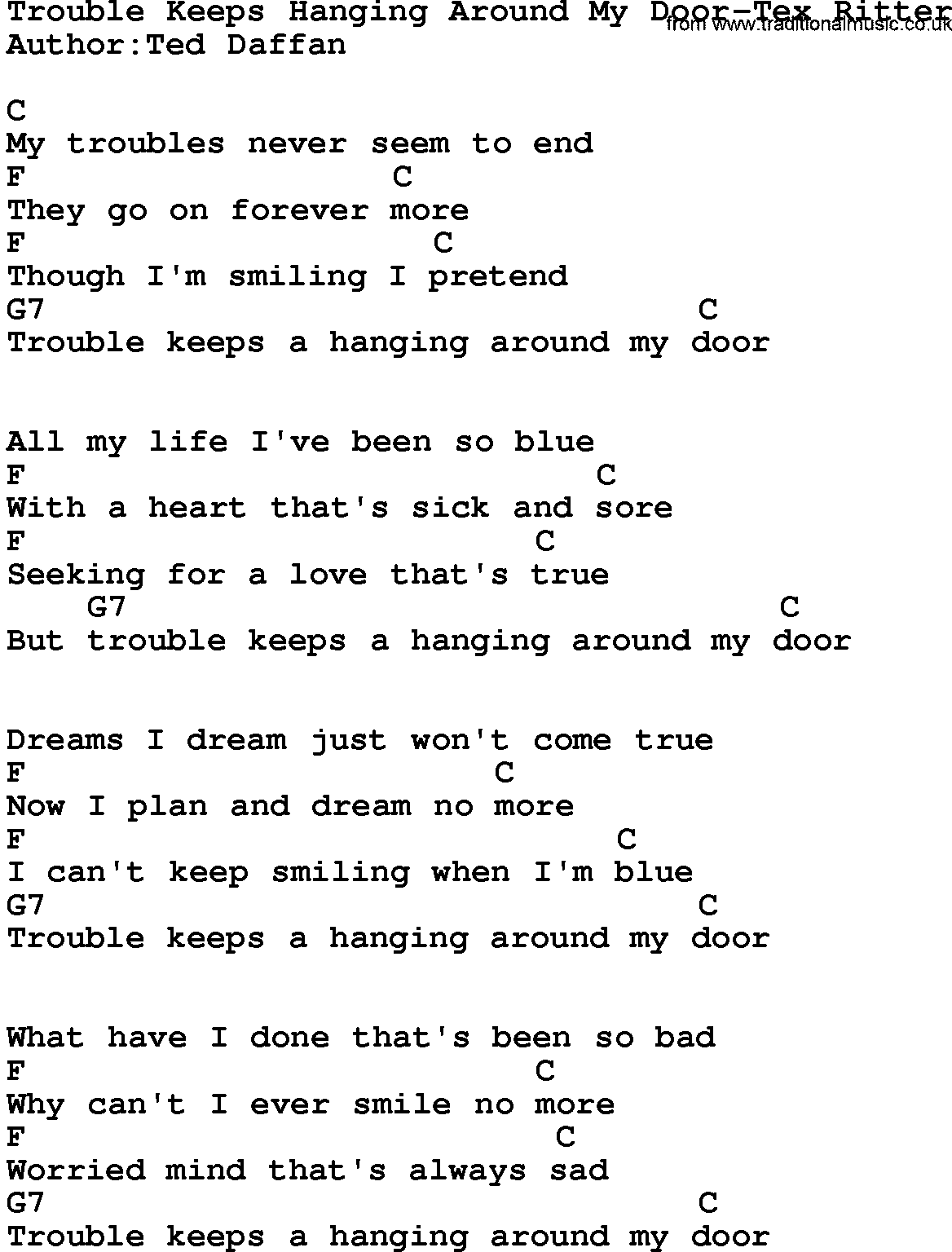 Country music song: Trouble Keeps Hanging Around My Door-Tex Ritter lyrics and chords