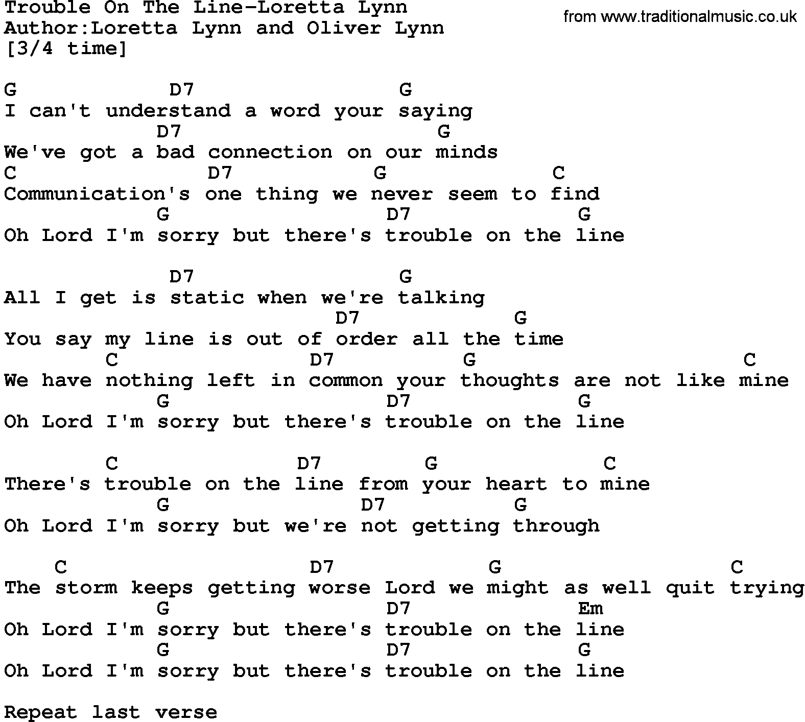 Country music song: Trouble On The Line-Loretta Lynn lyrics and chords