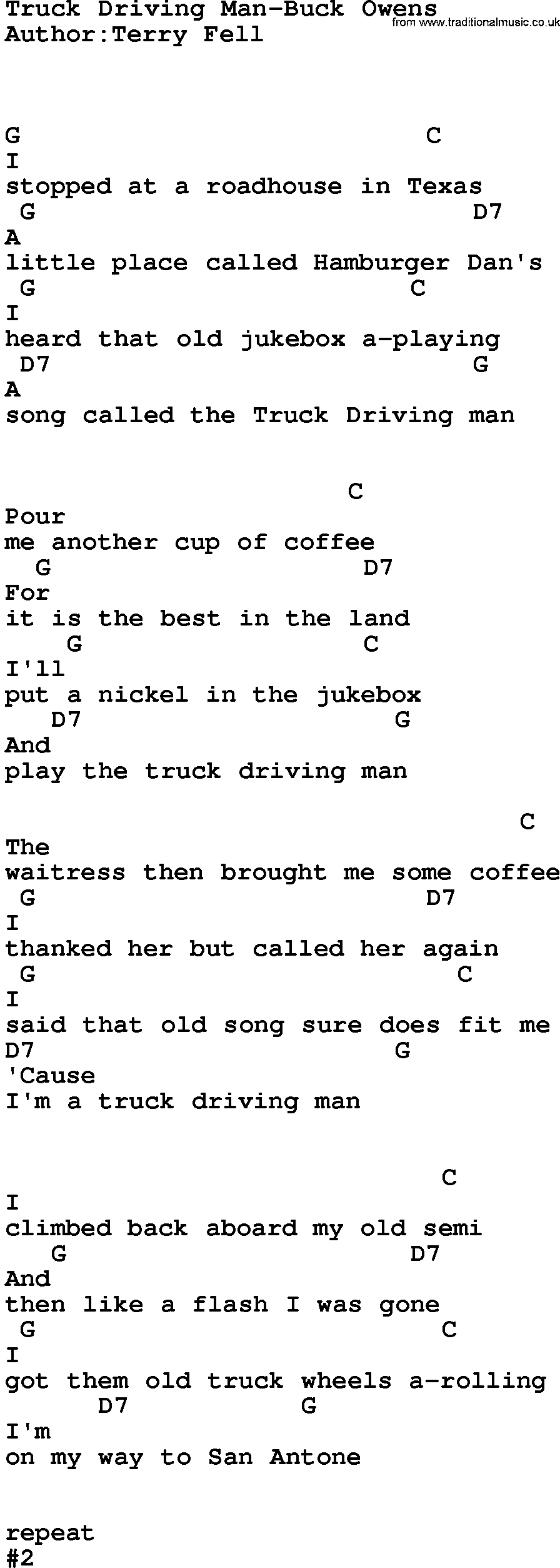 Country music song: Truck Driving Man-Buck Owens lyrics and chords