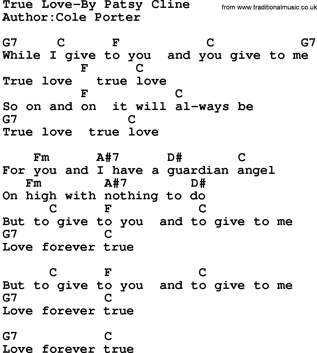 Country music song: True Love-By Patsy Cline lyrics and chords