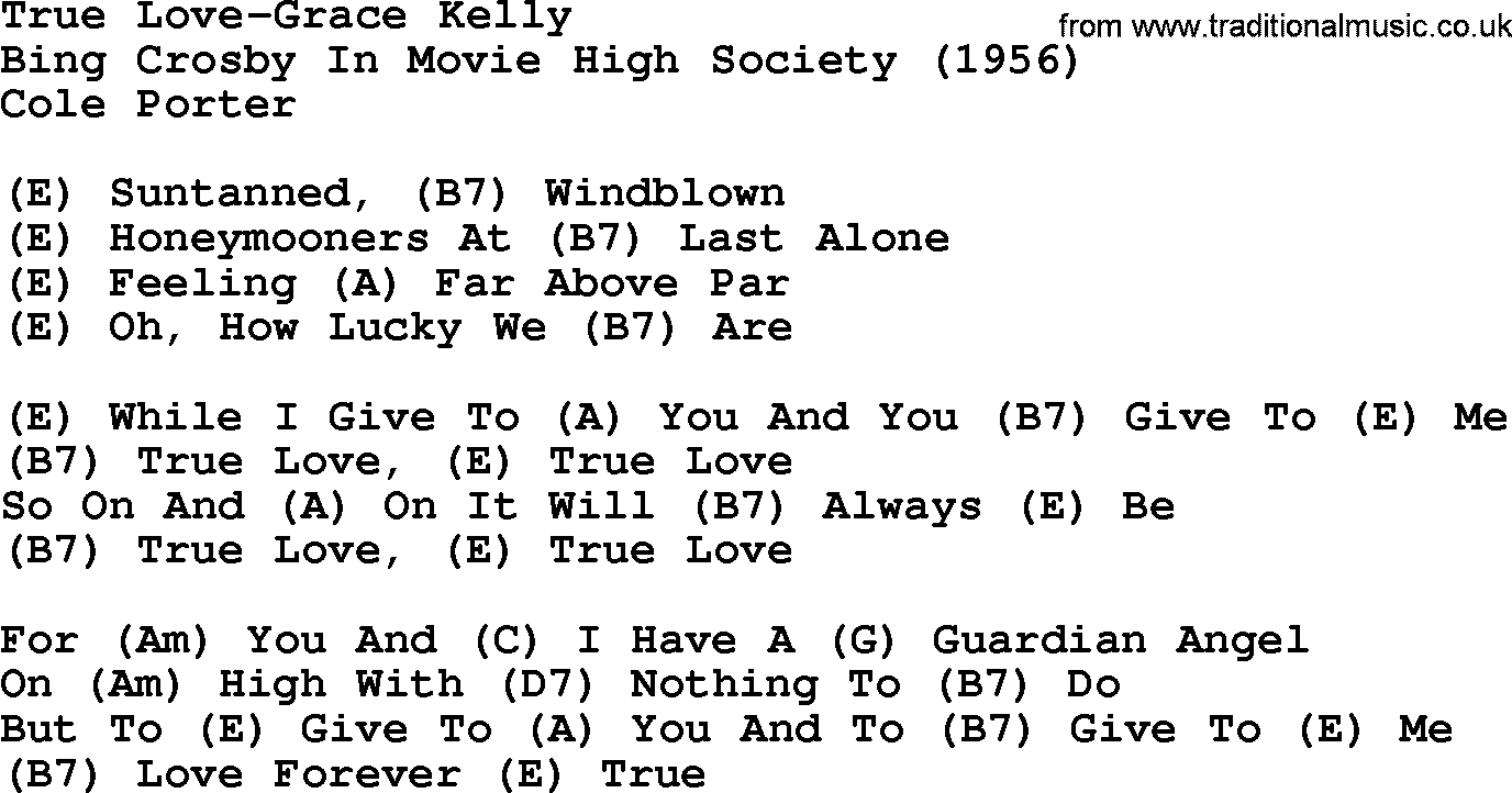 Country music song: True Love-Grace Kelly lyrics and chords