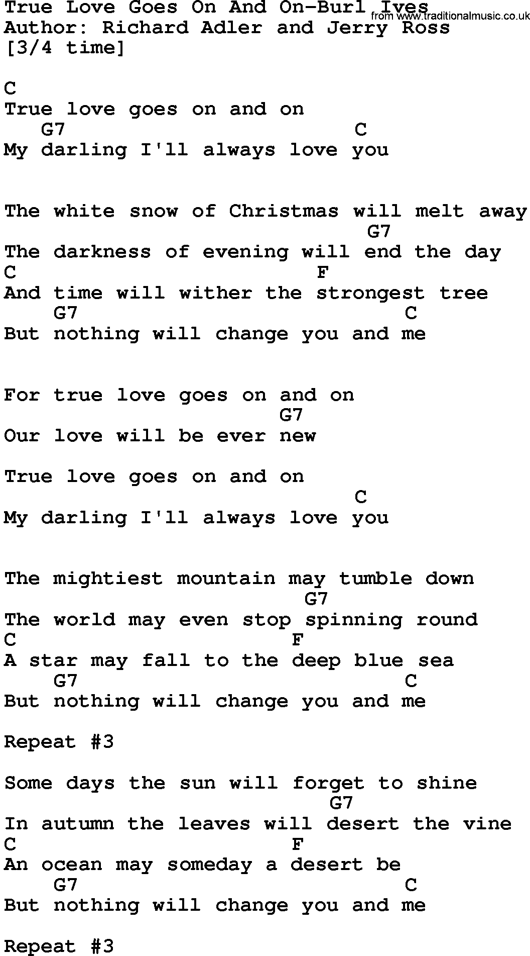 Country music song: True Love Goes On And On-Burl Ives lyrics and chords