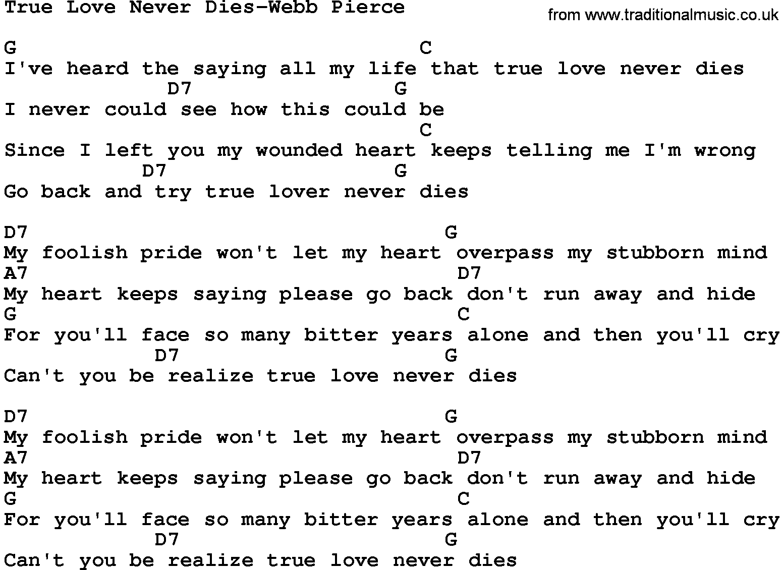 Country music song: True Love Never Dies-Webb Pierce lyrics and chords