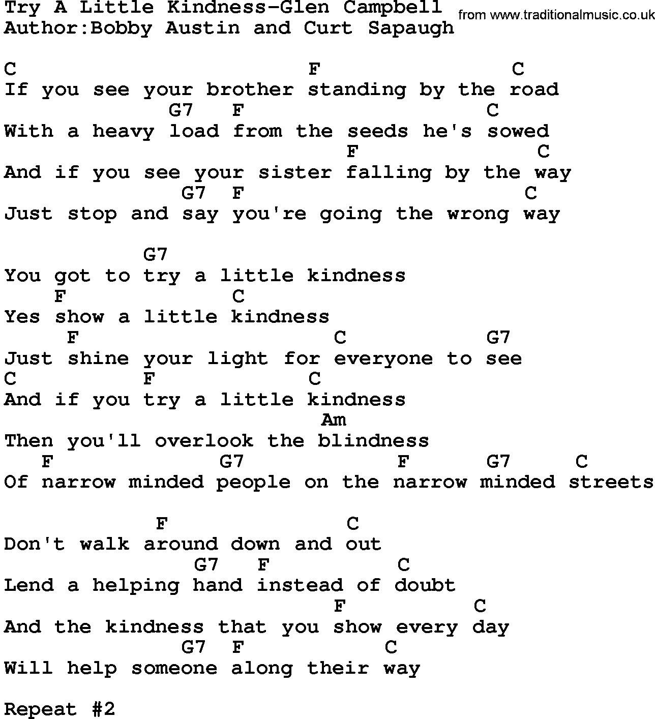 Country music song: Try A Little Kindness-Glen Campbell lyrics and chords