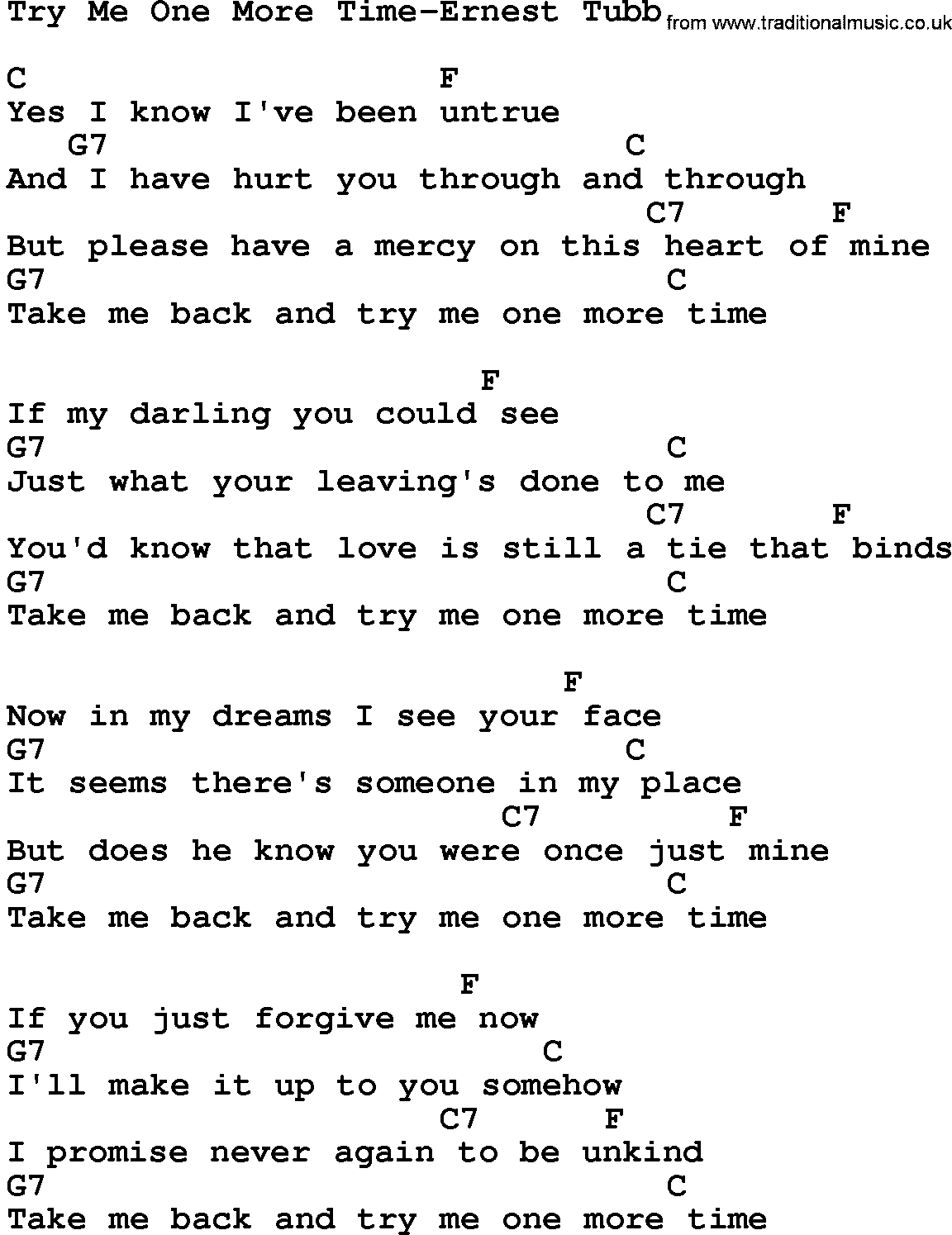 Country music song: Try Me One More Time-Ernest Tubb lyrics and chords