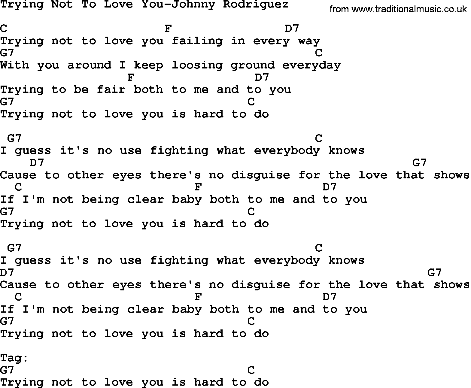 Country music song: Trying Not To Love You-Johnny Rodriguez lyrics and chords