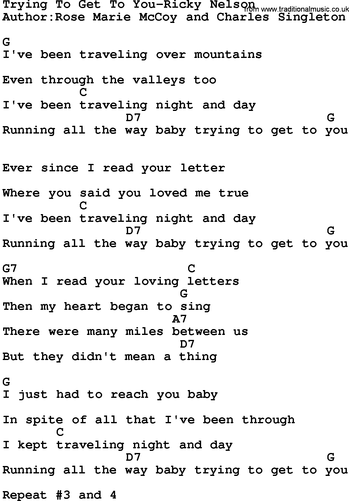 Country music song: Trying To Get To You-Ricky Nelson lyrics and chords