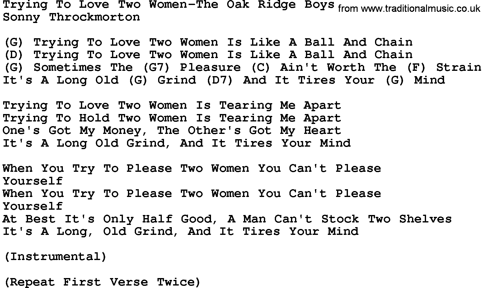 Country music song: Trying To Love Two Women-The Oak Ridge Boys lyrics and chords